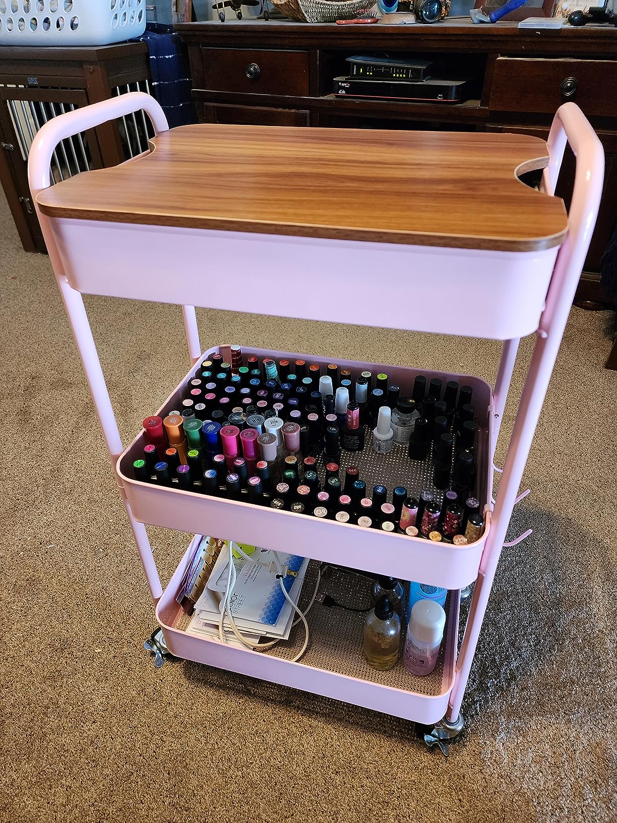 TOOLF 3 Tier Rolling Cart, Metal Utility Storage Cart with Wheels, White | Wooden Tabletop, 3 Hooks, Screwless Assembly, Lockable Wheels, Organizer for Bathroom, Kitchen, Office, Dorm, Craft Room customer photo 2