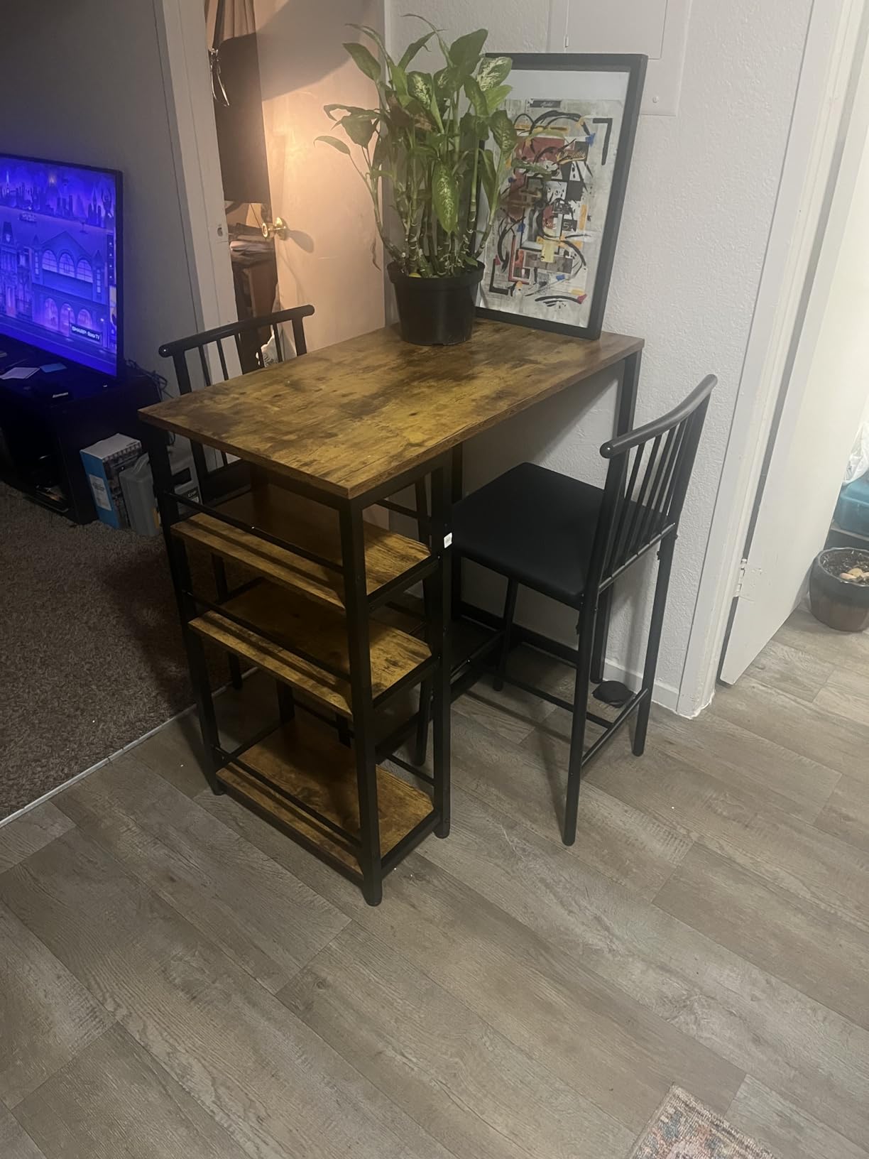 Gizoon Dining Table Set for 2 with 3 Storage Shelves, Kitchen Table and Chairs for 2 with Pu Cushion Chairs & Thick Wood Top, 3 Piece Dining Table Set for Small Space, Apartment - Retro customer photo 2