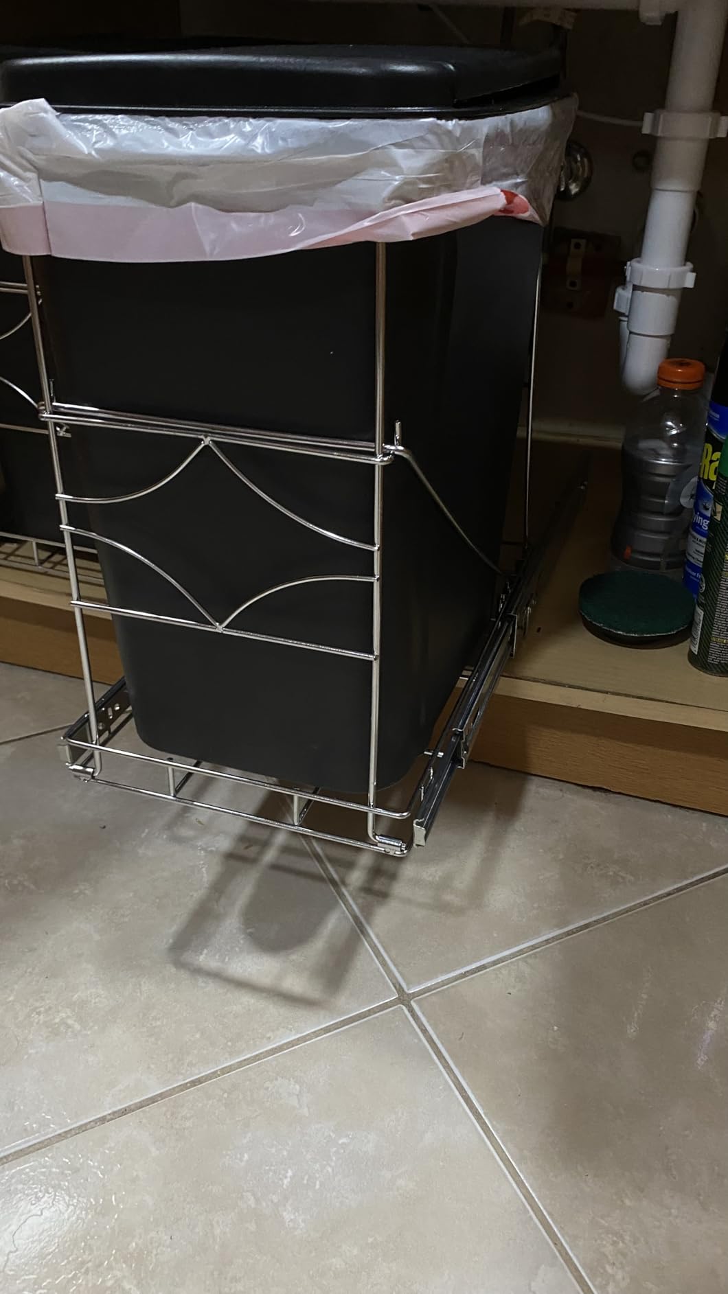 Youeon Pull Out Trash Can Under Cabinet, Adjustable Stainless Steel Under Sink Trash Can Pull Out, Slide Out Garbage Shelf, Fit for 7-11 Gallon Trash Can(Not Included) customer photo 2
