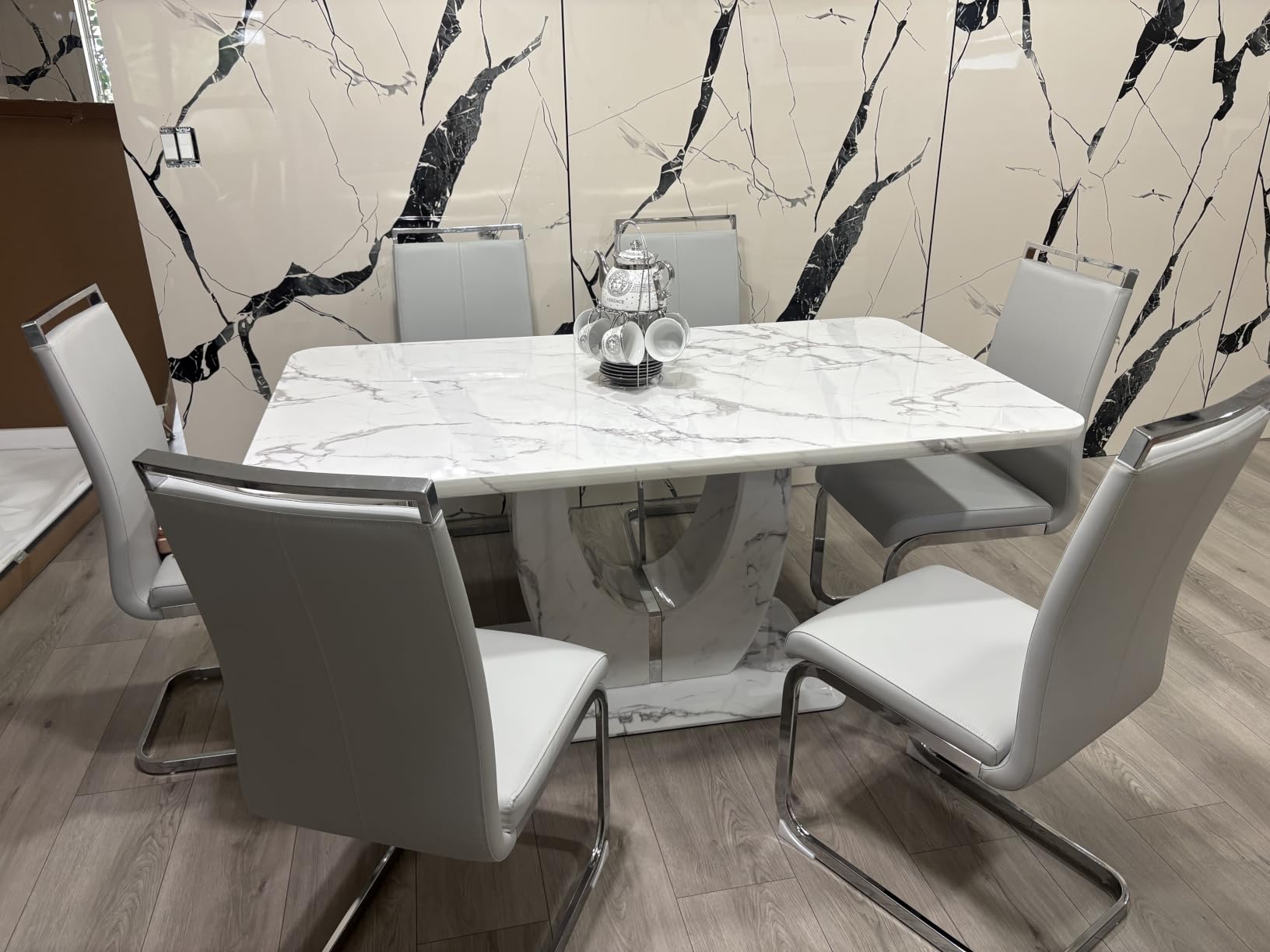 JUFU 7 Piece Dining Table Set for 6, 63 Inch Faux Marble Rectangular Kitchen Table and Chairs Set, Modern Dining Room Table Set with U-Shaped Pedestal Base & 6 Light Gray PU Leather Cantilever Chairs customer photo 1