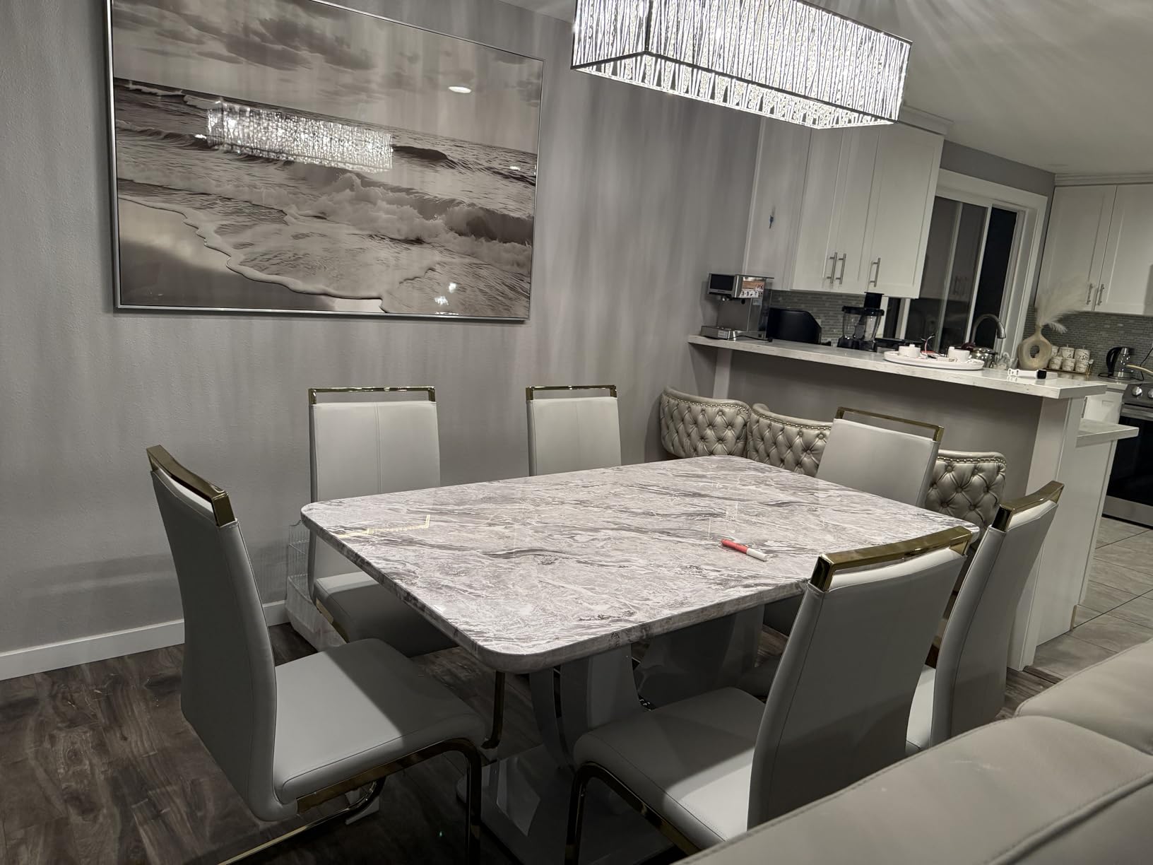 JUFU 7 Piece Dining Table Set for 6, 63 Inch Faux Marble Rectangular Kitchen Table and Chairs Set, Modern Dining Room Table Set with U-Shaped Pedestal Base & 6 Light Gray PU Leather Cantilever Chairs customer photo 2