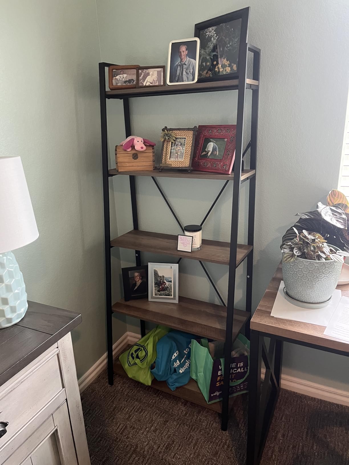 BON AUGURE Ladder Shelf Bookcase, 5-Tier Industrial Ladder Bookshelf, Tall Living Room Shelves, Wood and Metal Leaning Shelf for Home Office, Kitchen, Bedroom, Balcony (Rustic Oak) customer photo 2