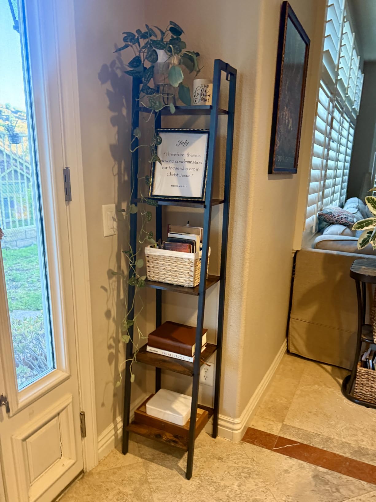 Hzuaneri Ladder Shelf, Bookshelf, Freestanding Corner Storage Shelf | Bookcase with 2 Hooks for Office, Living Room, Kitchen, Bedroom, Industrial, Rustic Brown BC13301B customer photo 1
