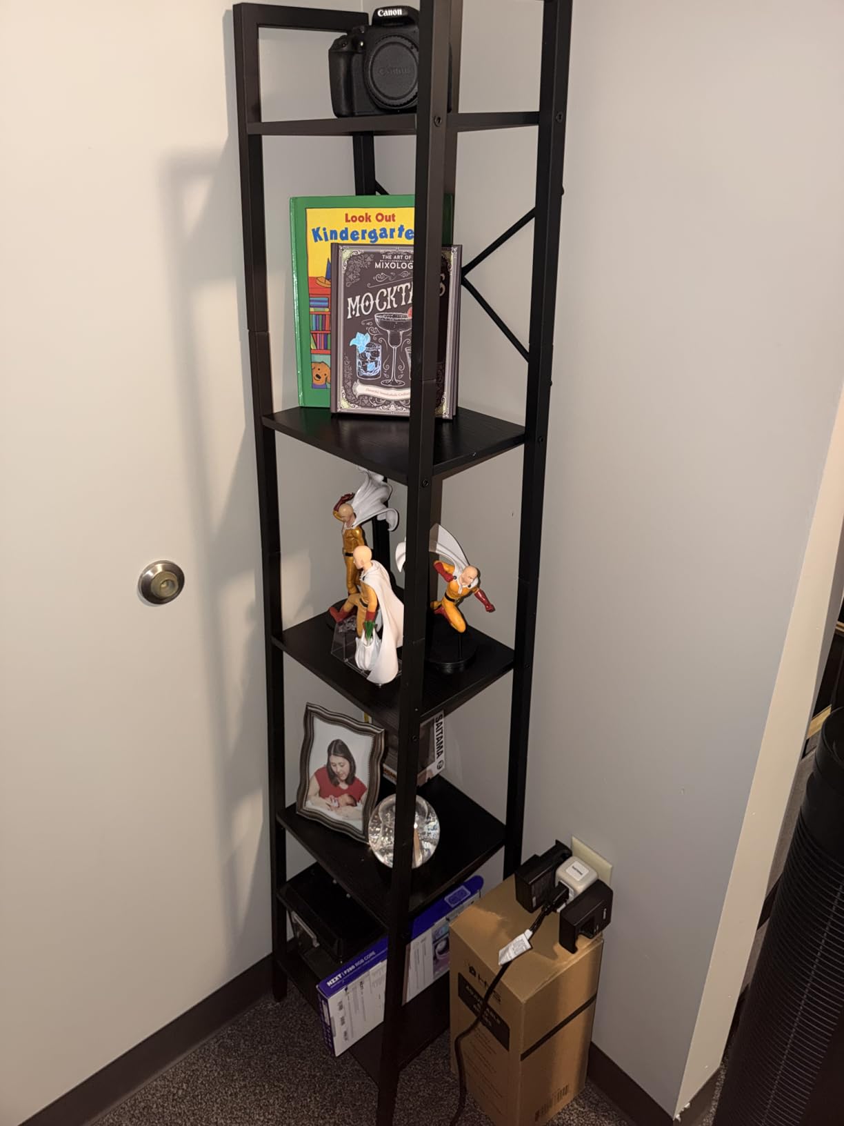 YMYNY 5 Tiers Ladder Bookcase, Industrial Narrow Bookshelf, Open Display Rack with 4 S Hooks, Metal Storage Shelves for Bedroom, Home Office, Living Room, Black, 63H*13.4L*11.8W, UHBC025B customer photo 1