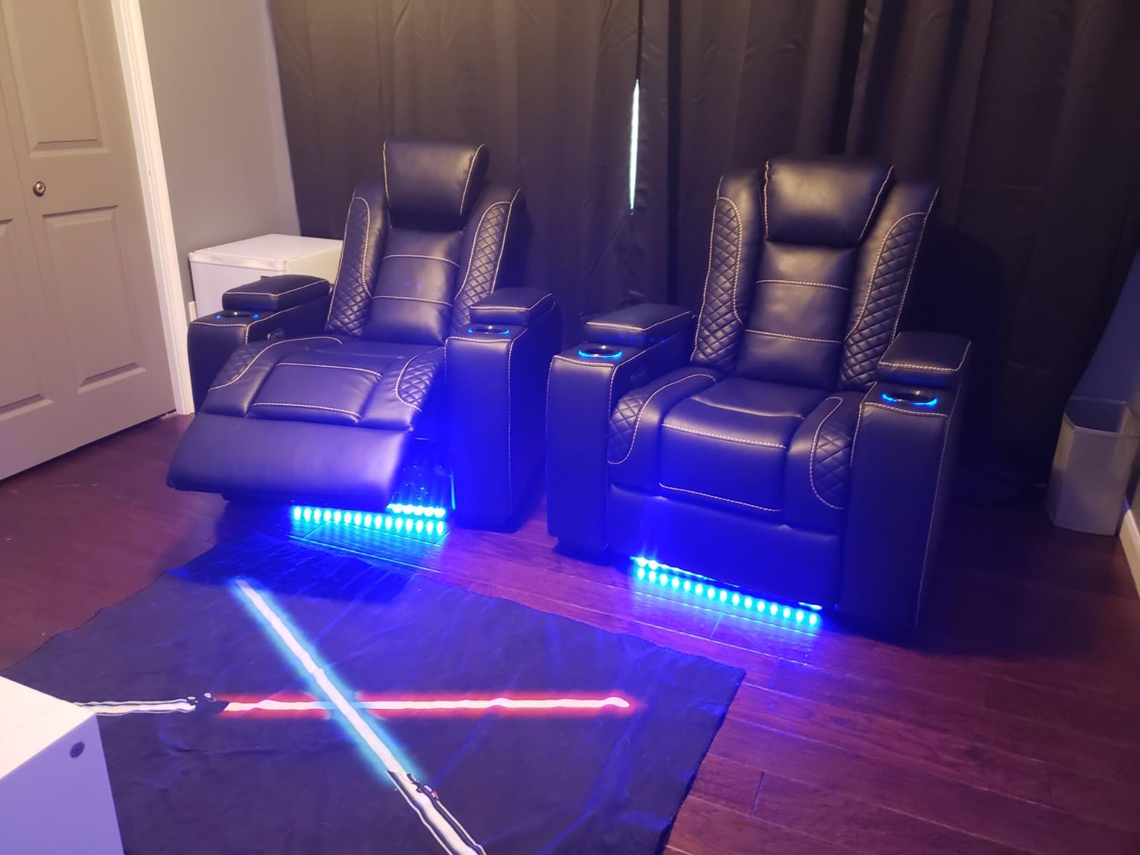 ANJ Power Recliner Chair with USB Port, Electric PU Leather Home Theater Seating for Living Room, Movie Reclining Chairs with Blue Ambient Lighting, Hidden Arm Storage, Cup Holders (Black) customer photo 2