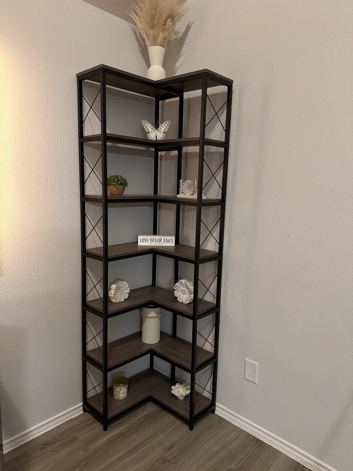 Tribesigns 7-Shelf Corner Bookshelf, Large Modern Corner Bookcase, 7-Tier Tall Corner Shelf Storage Display Rack with Metal Frame for Living Room Home Office (Grey) customer photo 2