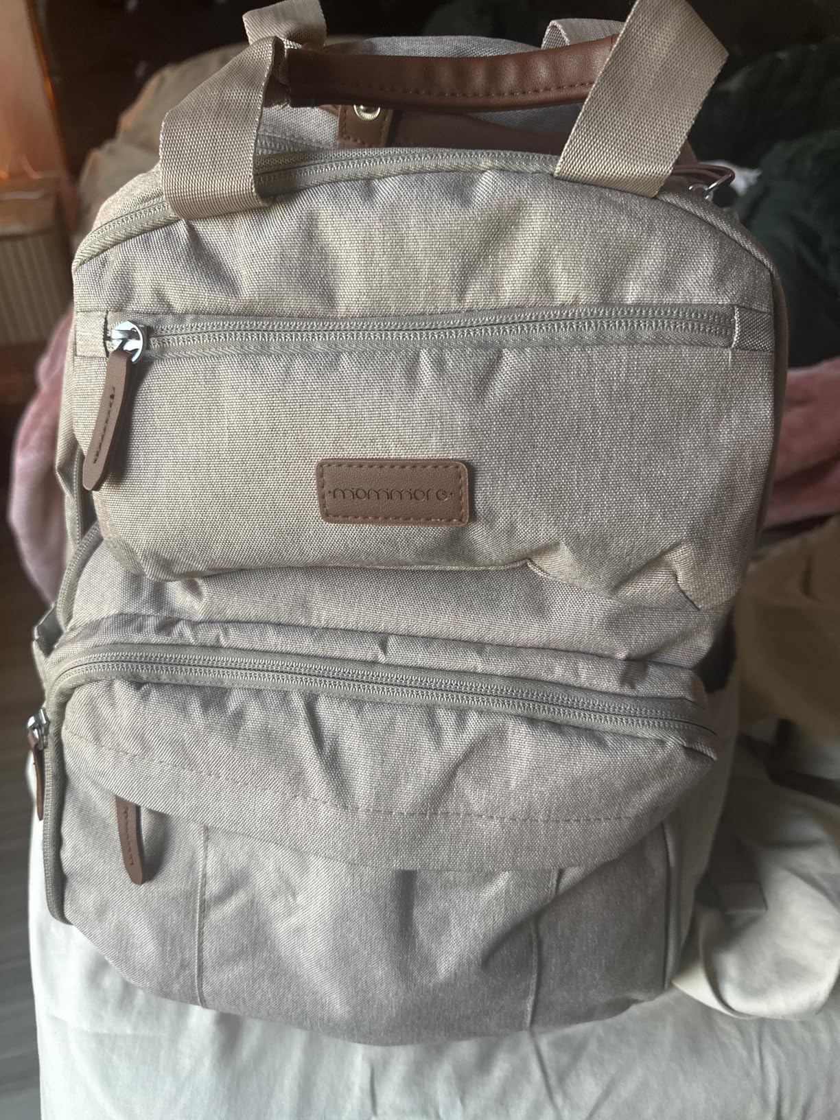 mommore Diaper Bag Backpack Travel Baby Bag with Changing Pad for Mom Dad | Insulated Pockets, Luggage & Stroller Straps, Large Maternity Bag for Newborn Baby Essentials, Hospital & Work, Beige customer photo 1