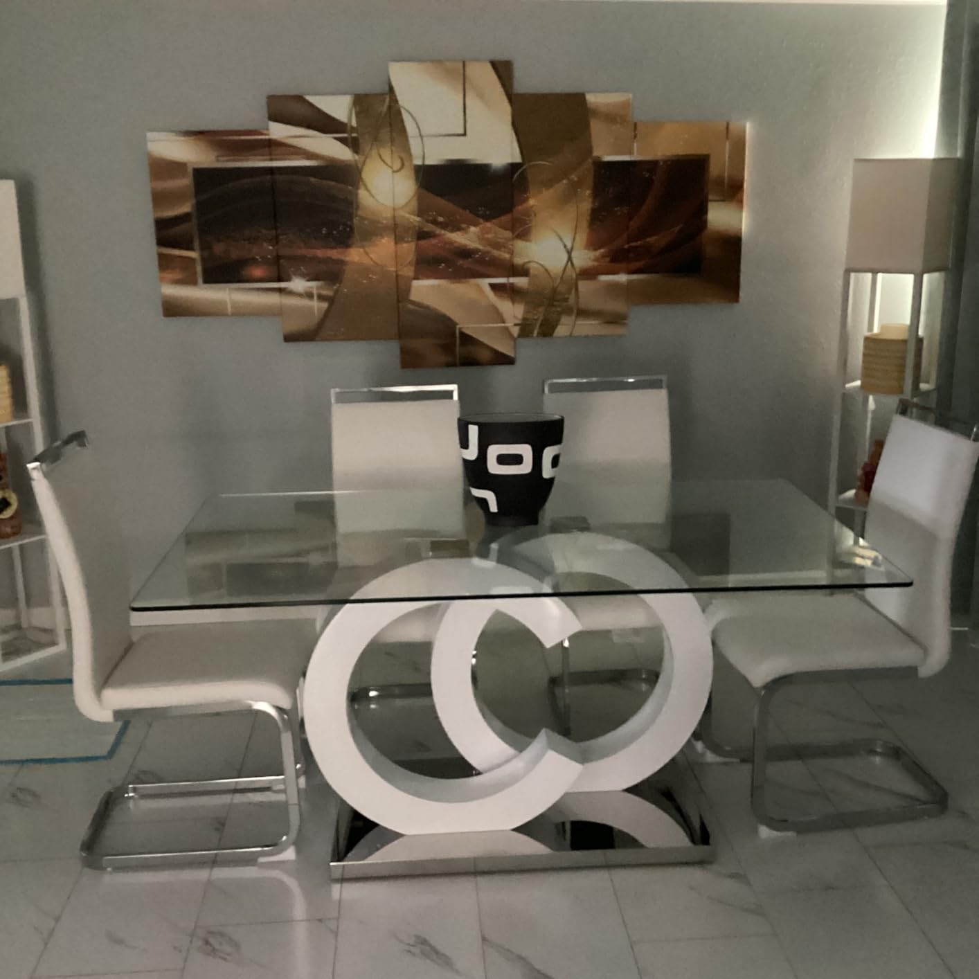 63'' Modern Glass Dining Table Set for 6, with 6 PU Leather Ergonomic Chairs for Home, Kitchen, Living Room customer photo 1