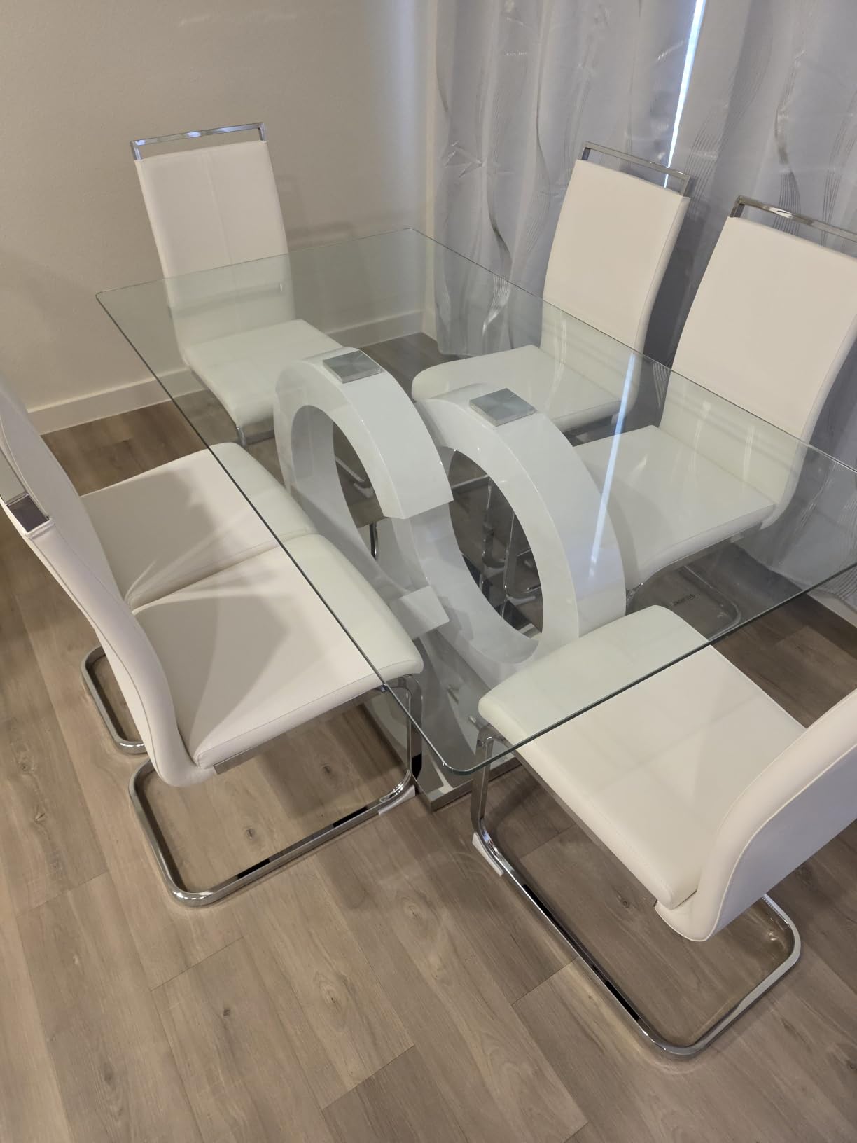 Ebullient Glass Dining Table Set for 6, Modern Rectangular Tempered Glass Kitchen Table with White OC-Shape Pedestal Base and 6 PU Leather High Back Cantilever Chairs for Dining Room customer photo 1