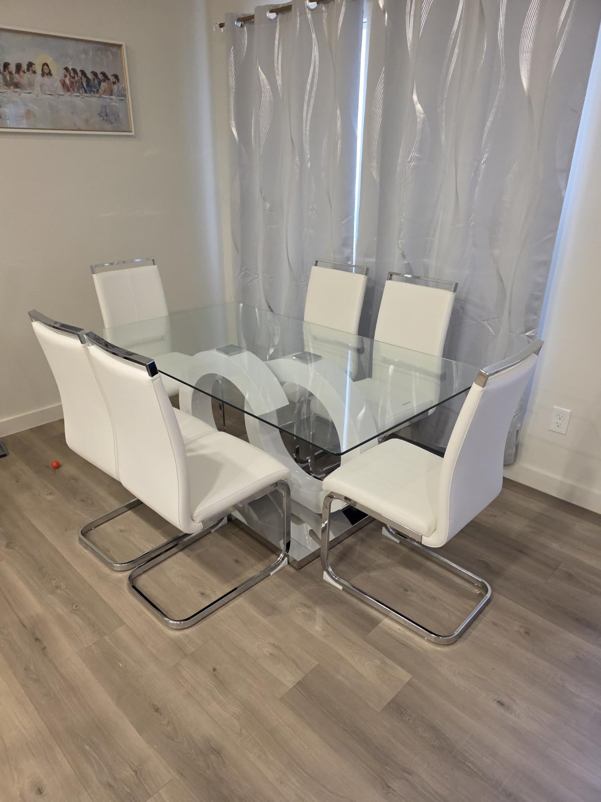 Ebullient Glass Dining Table Set for 6, Modern Rectangular Tempered Glass Kitchen Table with White OC-Shape Pedestal Base and 6 PU Leather High Back Cantilever Chairs for Dining Room customer photo 2