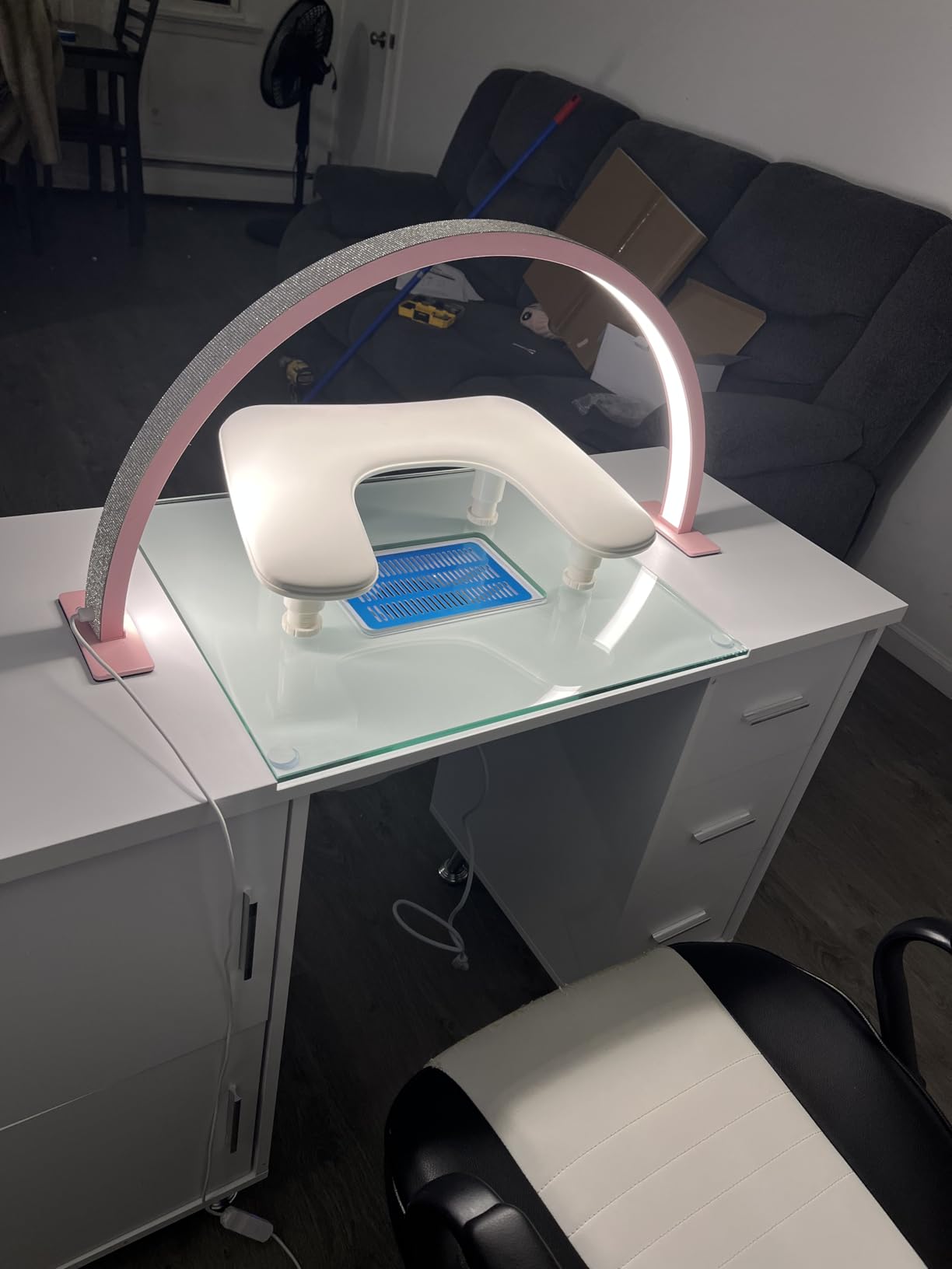 OmySalon Manicure Table Nail Desk for Nail Tech w/Glass Top & Wrist Rest, Beauty Salon Nail Supplies Decor Workstation Acetone Resistant w/2 Side Cabinet+3 Drawers, White customer photo 1