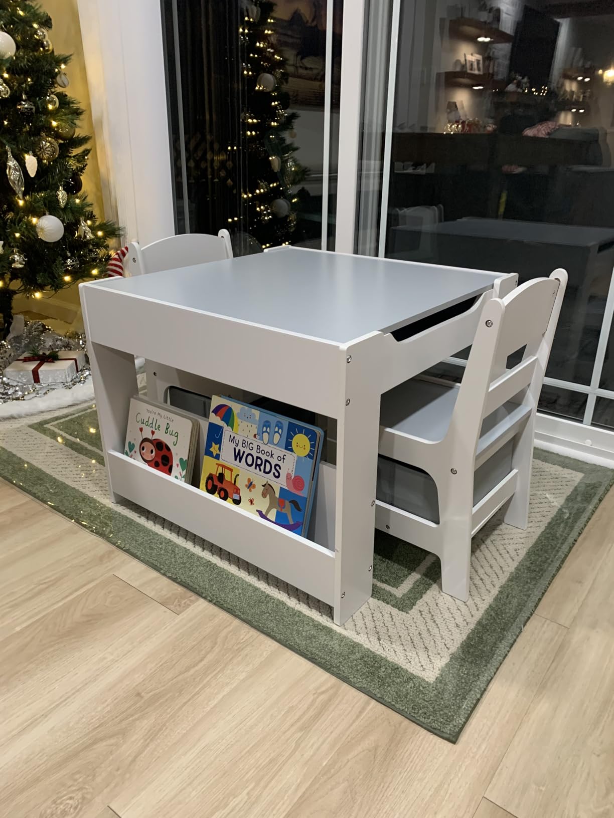Kinder King Kids Wood Table & 2 Chairs Set, 4 in 1 Children Activity Table w/Double Bookcase, Blackboard, Toddler Furniture Set for Art, Crafts, Drawing, Reading, Playroom, Grey customer photo 1
