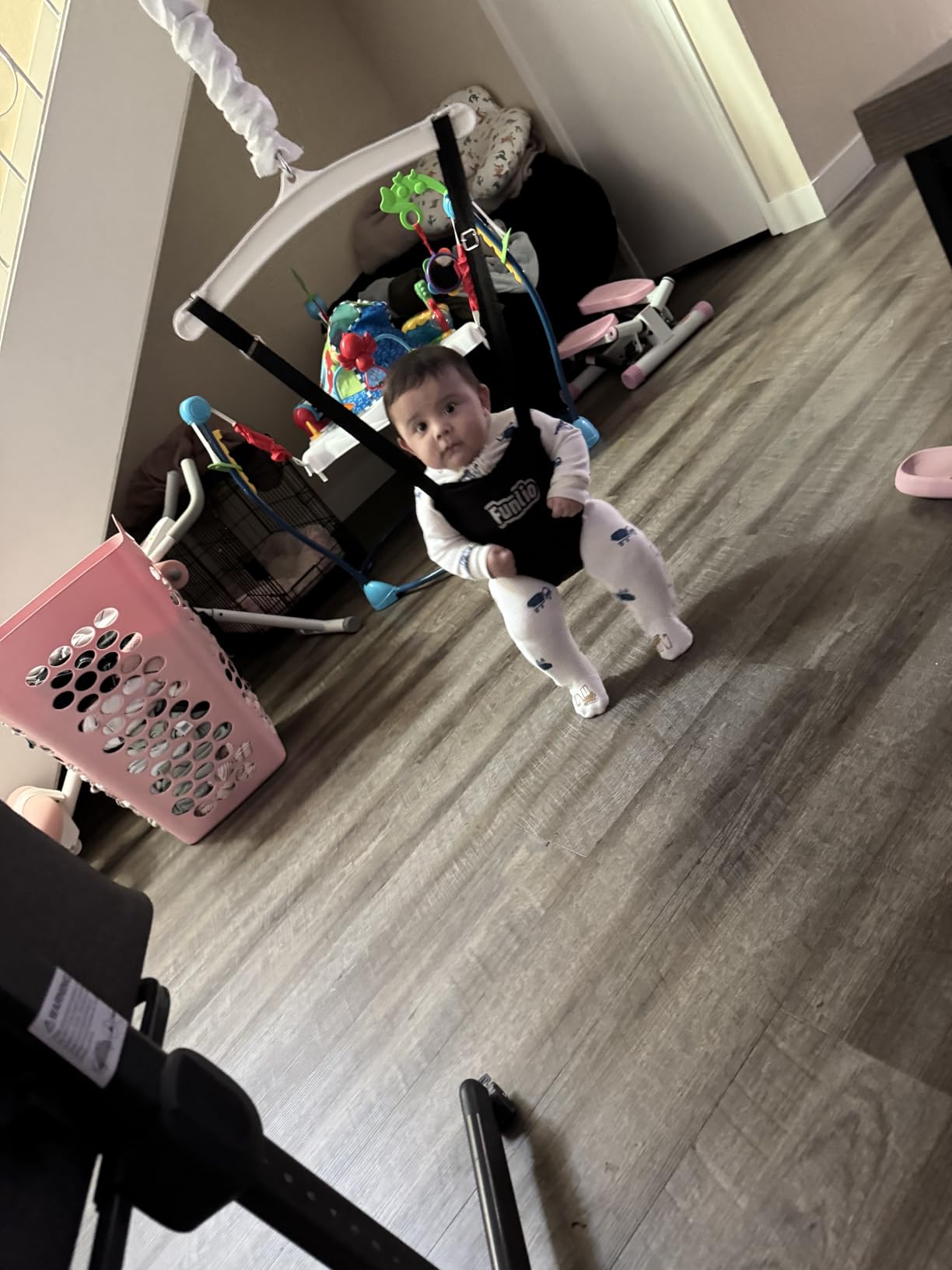 FUNLIO Baby Jumper with a Ceiling Hook for 6-24 Months, Baby Door Jumper for Indoor/Outdoor Play, Infant Jumper Doorway with Adjustable Chain, Easy to Assemble & Store (with a Ceiling Hook)- Grey customer photo 1