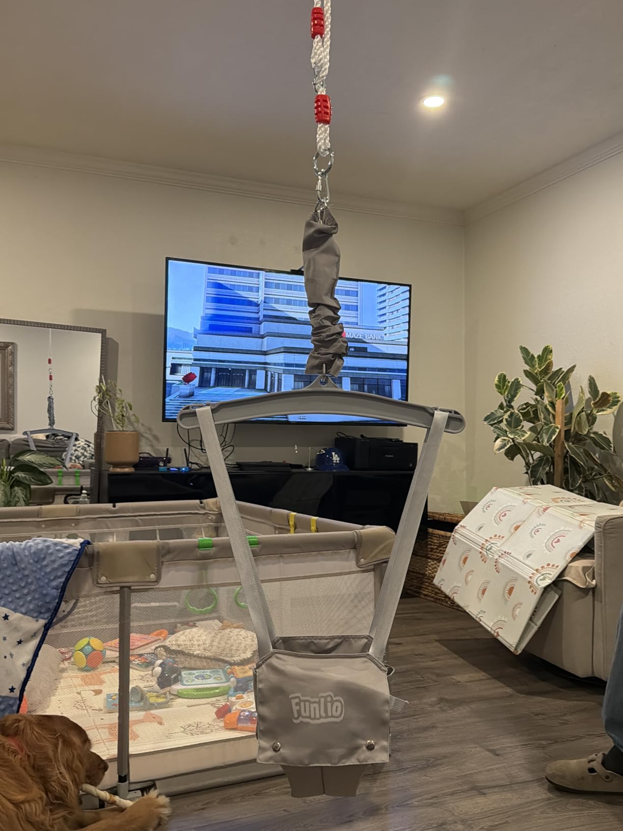 FUNLIO Baby Jumper with a Ceiling Hook for 6-24 Months, Baby Door Jumper for Indoor/Outdoor Play, Infant Jumper Doorway with Adjustable Chain, Easy to Assemble & Store (with a Ceiling Hook)- Grey customer photo 2