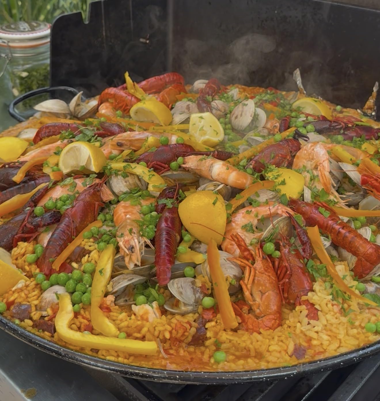 Paelluxe Paella Pan Enameled No-Rust Steel Skillet - 17 Inch, 10 Servings | 1.2mm Carbon Steel, Easy-Clean Enamel, Propane Safe, Spans 2 Stove Burners, Indoor & Outdoor, Silicone Handle Holders customer photo 1