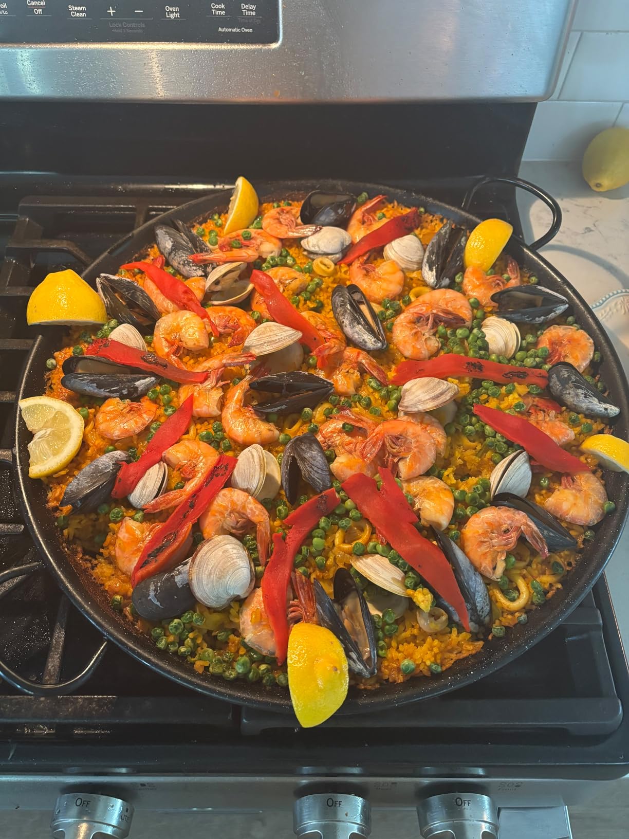 Paelluxe Paella Pan Enameled No-Rust Steel Skillet - 17 Inch, 10 Servings | 1.2mm Carbon Steel, Easy-Clean Enamel, Propane Safe, Spans 2 Stove Burners, Indoor & Outdoor, Silicone Handle Holders customer photo 2