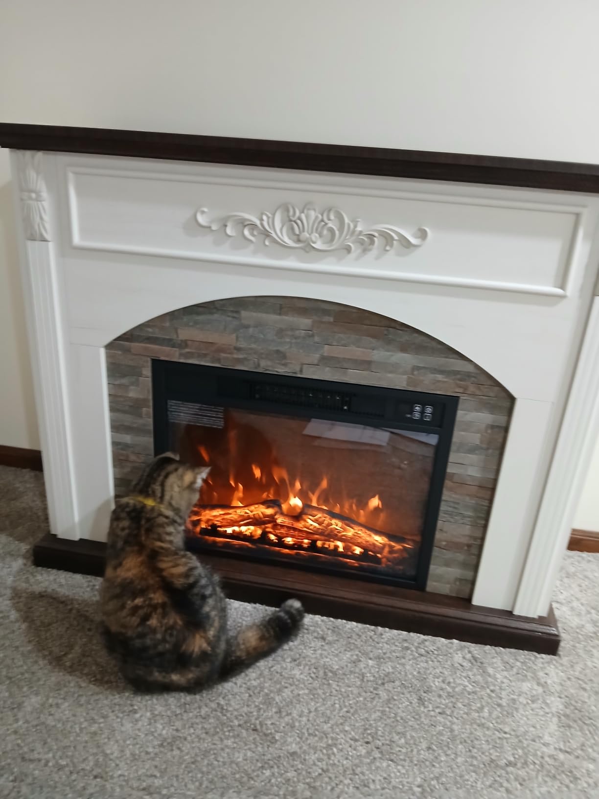 44Inch Electric Fireplace with Mantel, Farmhouse TV Stand with Electric Fire Place Heater, Stacked Stone Surround,White Firebox with 23