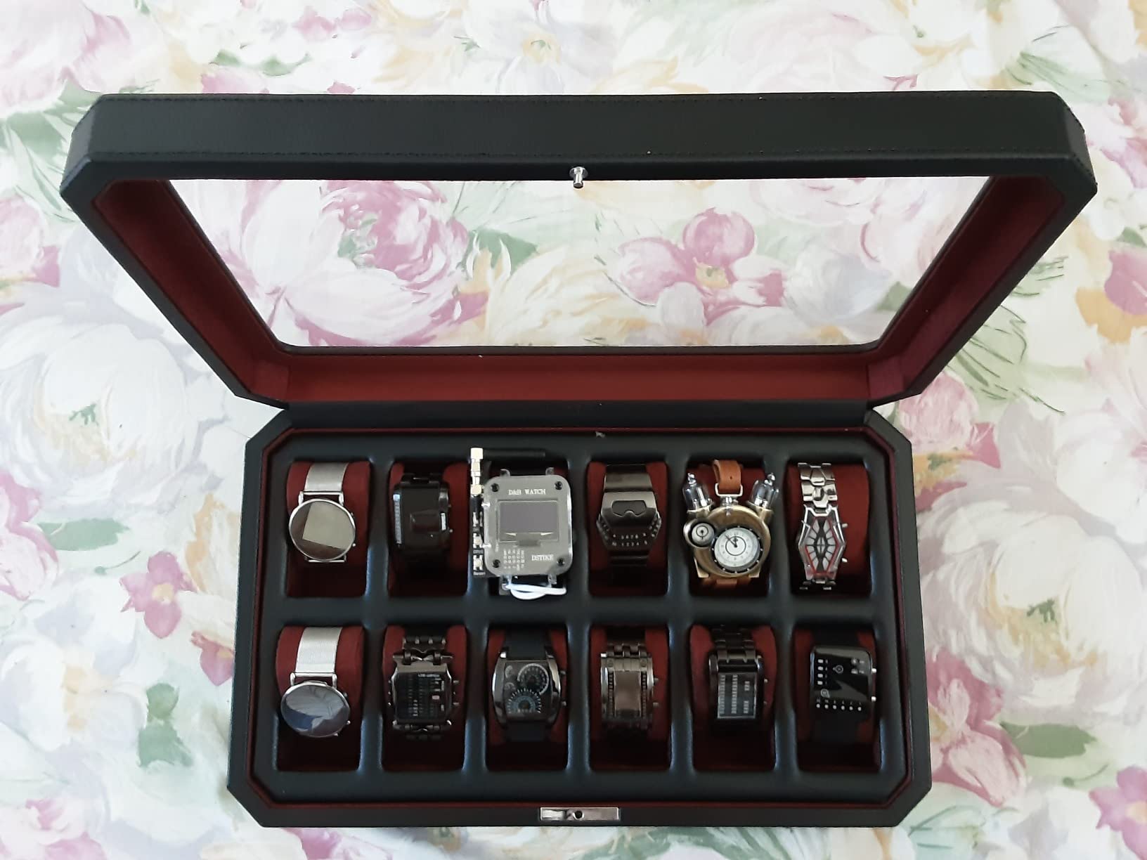 ROTHWELL 18-Slot Watch Case - Luxury Watch Box for Men, Real Glass Top, Lockable, Elegant Display for Collections (Black/Red) customer photo 1