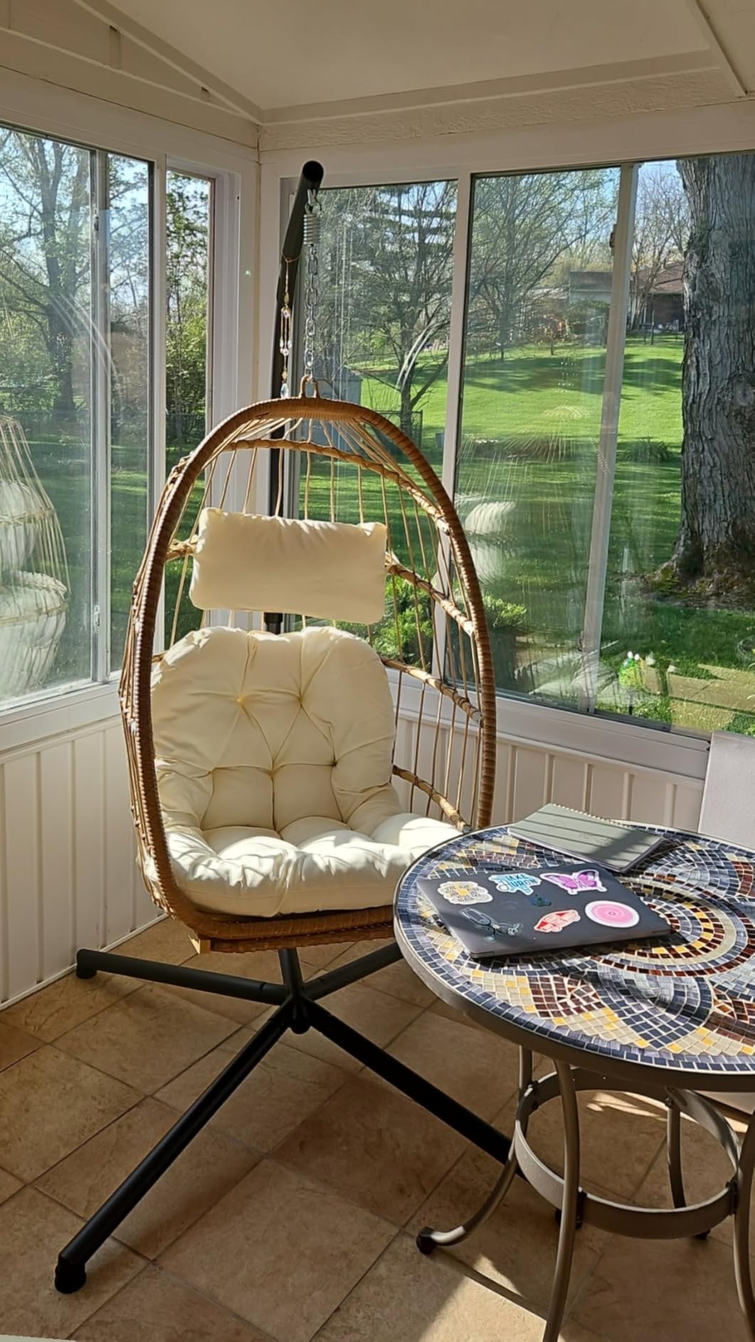 Brafab Hanging Egg Chair with Stand and Footrest, Wicker Egg Swing Chair Indoor Outdoor Aluminum-Steel Frame and UV Resistant Cushion, Patio Lounge Hammock Chairs for Bedroom 370LBS Capacity, Beige customer photo 2