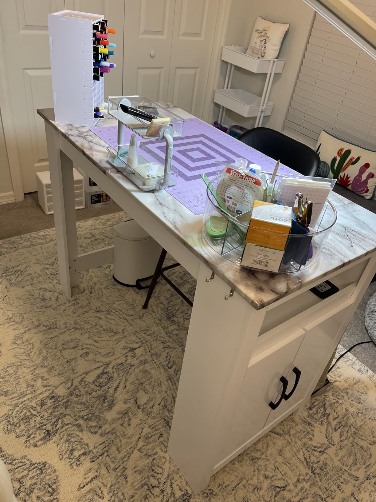 COSTWAY Bar Table, Modern Faux Marble Breakfast Table with 7 Hanging Hooks, Open Compartment, Storage Cabinet & Adjustable Shelf, Counter Height Dining Table for Kitchen, Dining Room, Living Room customer photo 1