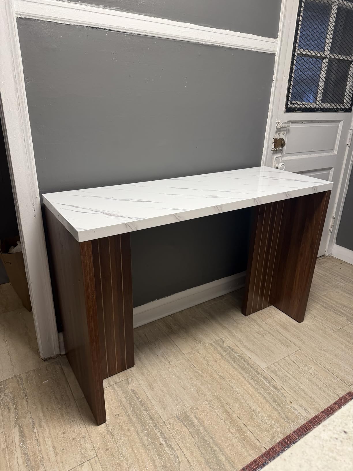 Tribesigns 55.12-Inch Bar Table, Modern Counter Height Pub Table with a Faux Marble Tabletop, Rectangular Home Coffee Bar Unit for Kitchen, Dining Room, Living Room, Balcony, Basement, Walnut & White customer photo 2