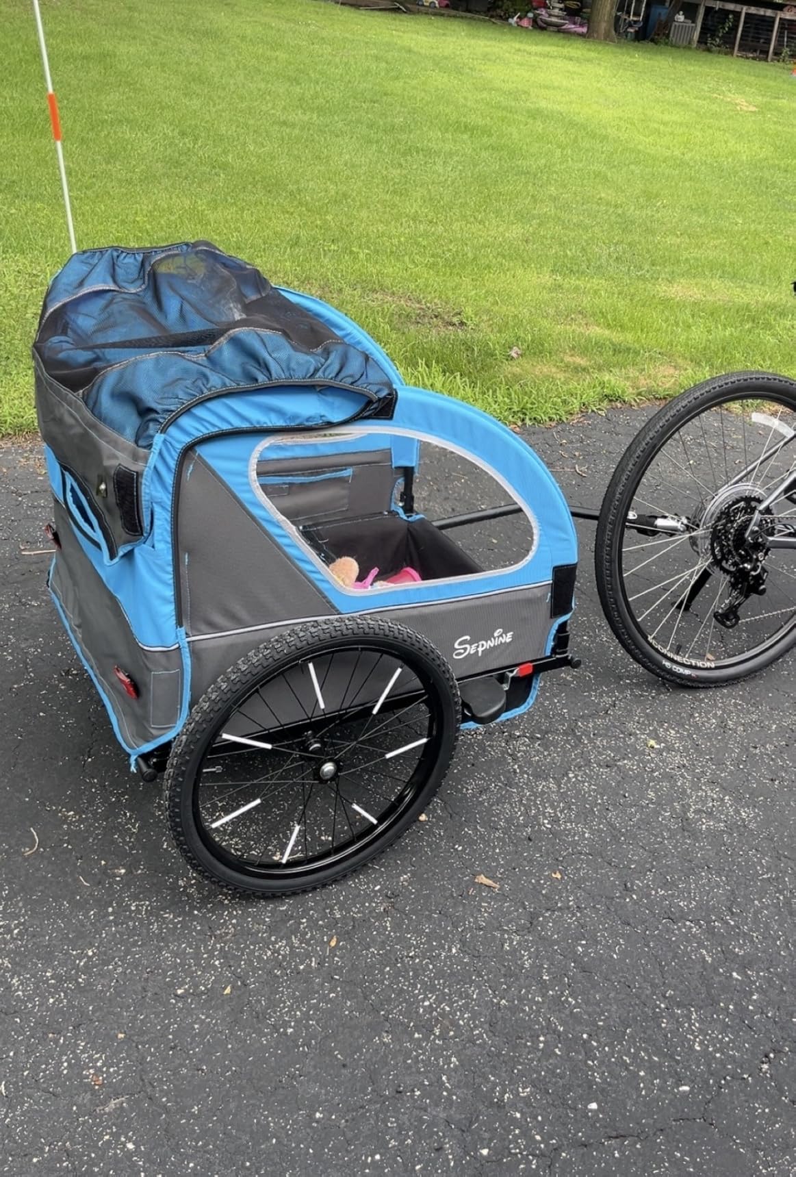 Sepnine Kids Bike Trailer, 2 in 1 Canopy Carrier Converts to Pushcart Suitable for 1 to 2 Toddlers, Kids, Quick Attach to Bike, Foldable, with 5-Point Harness and Storage Bags customer photo 2