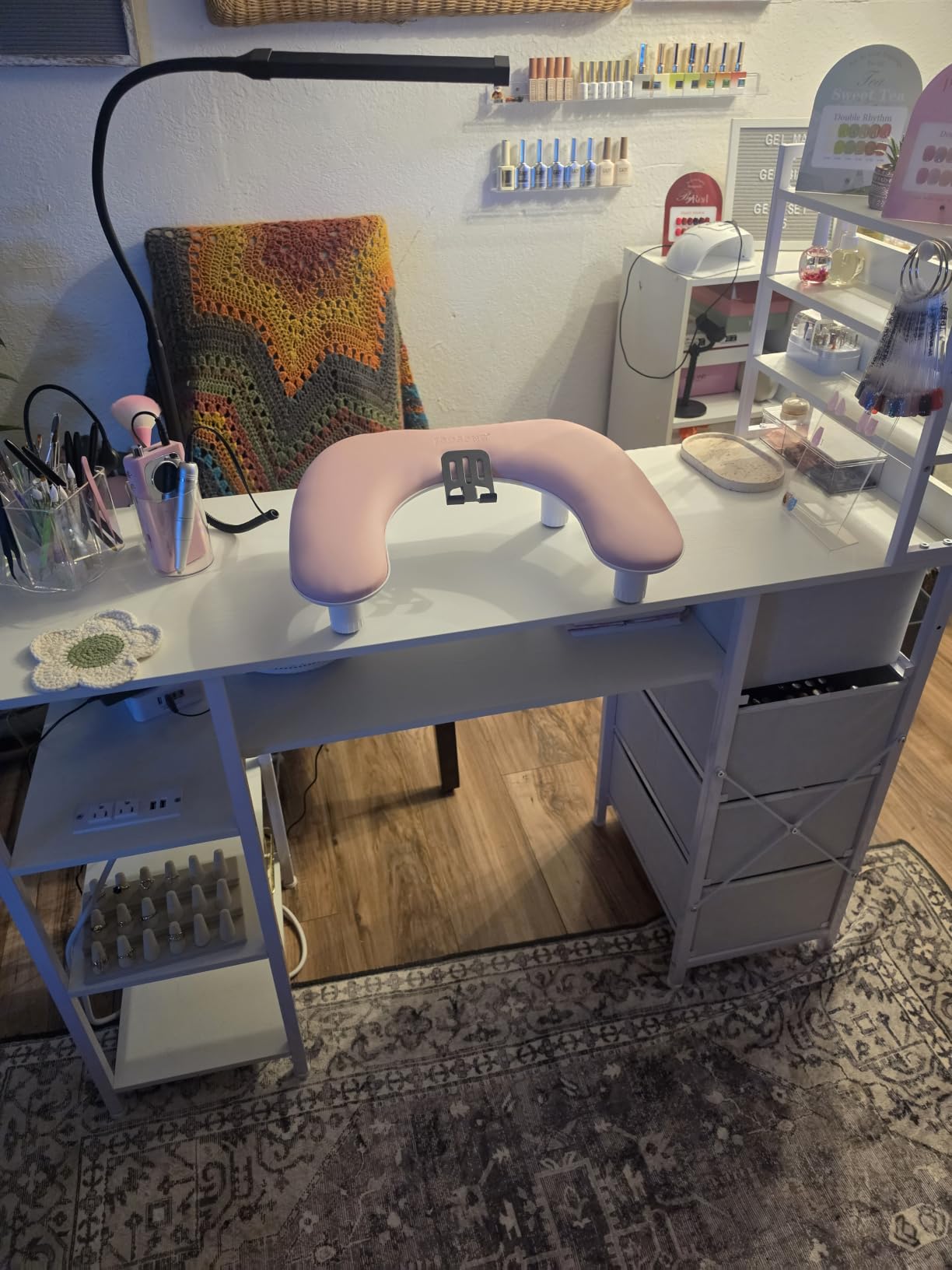Manicure Table Nail Desk for Nail tech with Drawers and Power Outlet, Nail Beauty Table with Storage and Open Shelves for Home, Workshop, Makeup Beauty Salon Workstation (White) customer photo 1