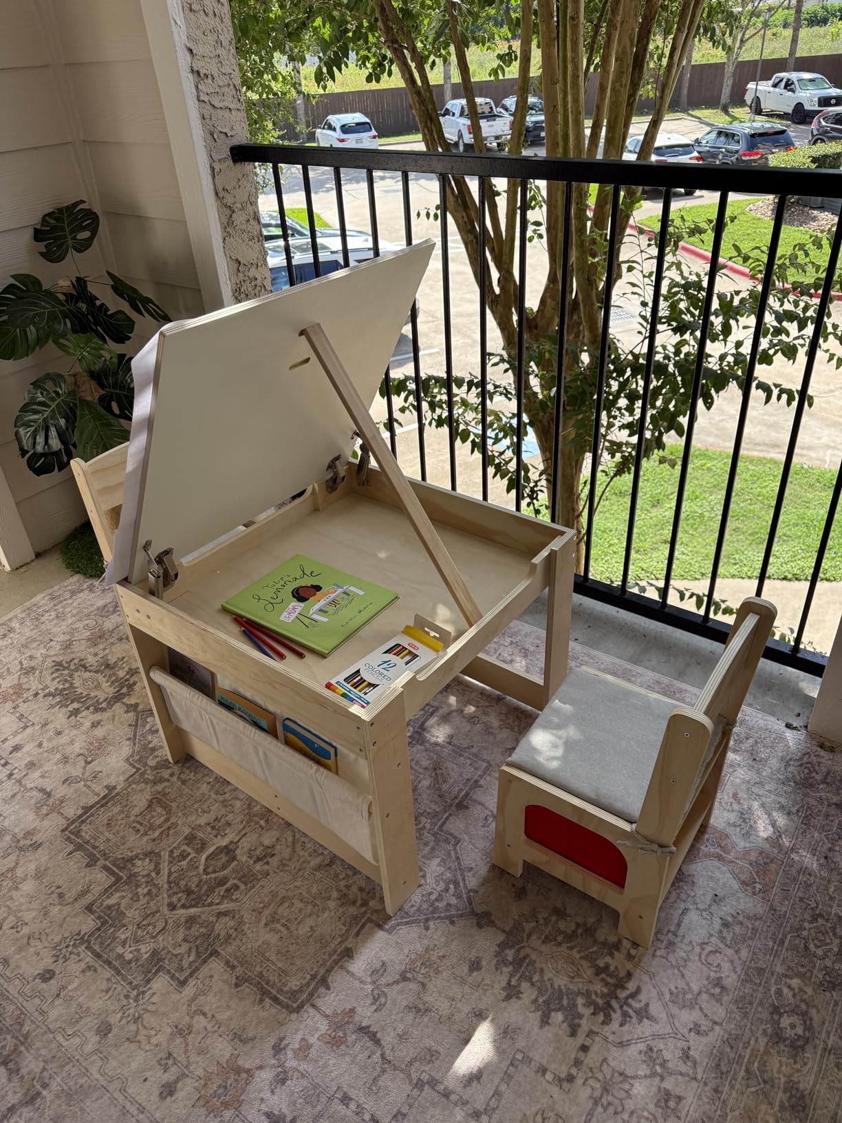 EXPERLAM Kids Table and 2 Chairs Set, Wooden Toddler Activity Table with Adjustable Drawing Tabletop, Safety Hinges, Storage Drawers & Bookshelf for Playroom, Nursery, Ages 1-6, Burlywood customer photo 1