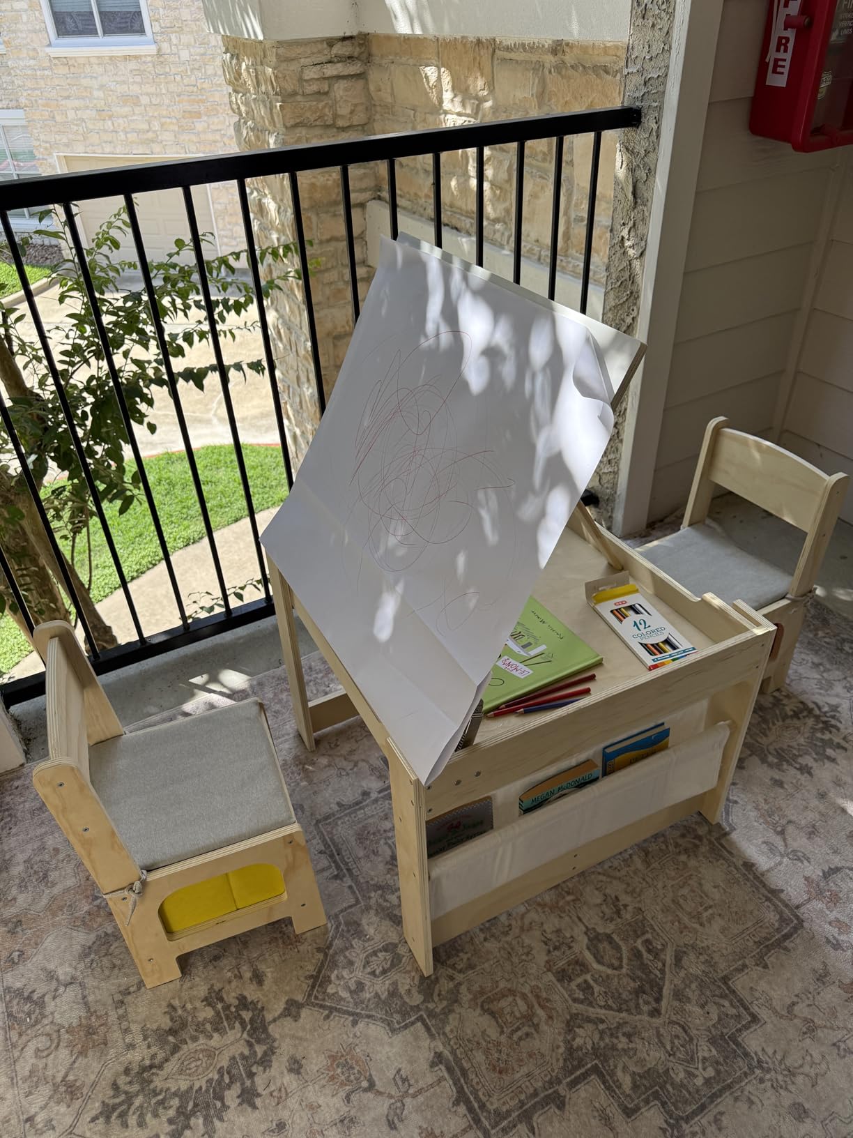 EXPERLAM Kids Table and 2 Chairs Set, Wooden Toddler Activity Table with Adjustable Drawing Tabletop, Safety Hinges, Storage Drawers & Bookshelf for Playroom, Nursery, Ages 1-6, Burlywood customer photo 2