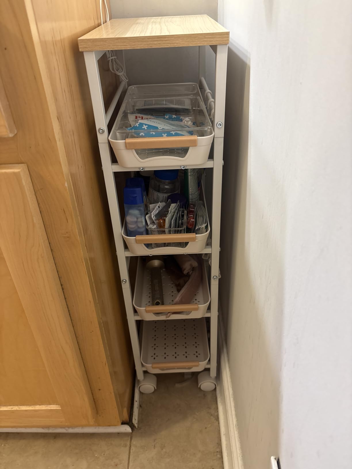 5-Tier Slim Storage Cart, Wooden Top Rolling Kitchen Cart with Pull-Out Baskets & Wheels, Narrow Space Utility Cart Slide Out Organizer for Kitchen, Bathroom, Laundry Room, White customer photo 1
