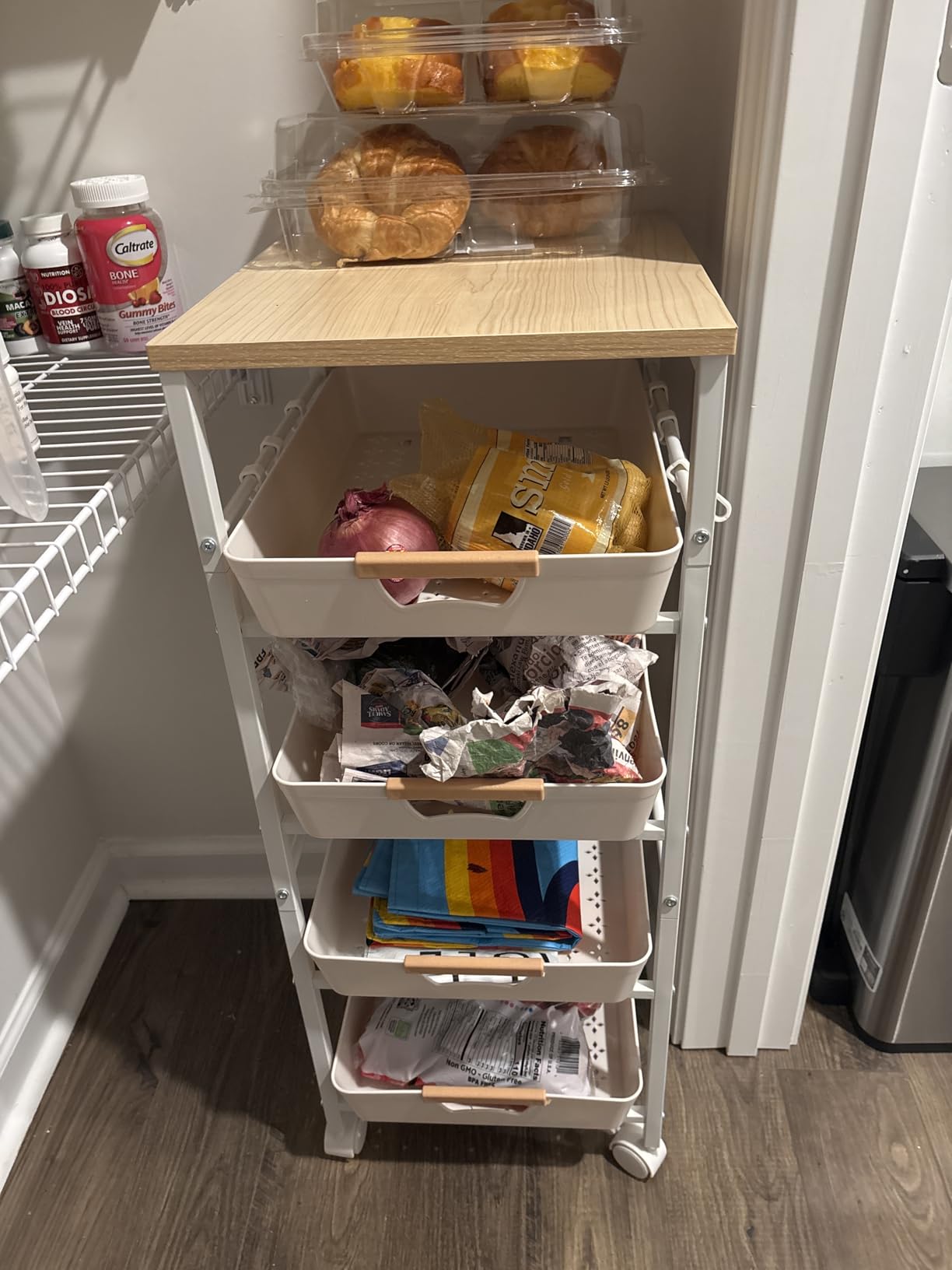 5-Tier Slim Storage Cart, Wooden Top Rolling Kitchen Cart with Pull-Out Baskets & Wheels, Narrow Space Utility Cart Slide Out Organizer for Kitchen, Bathroom, Laundry Room, White customer photo 2