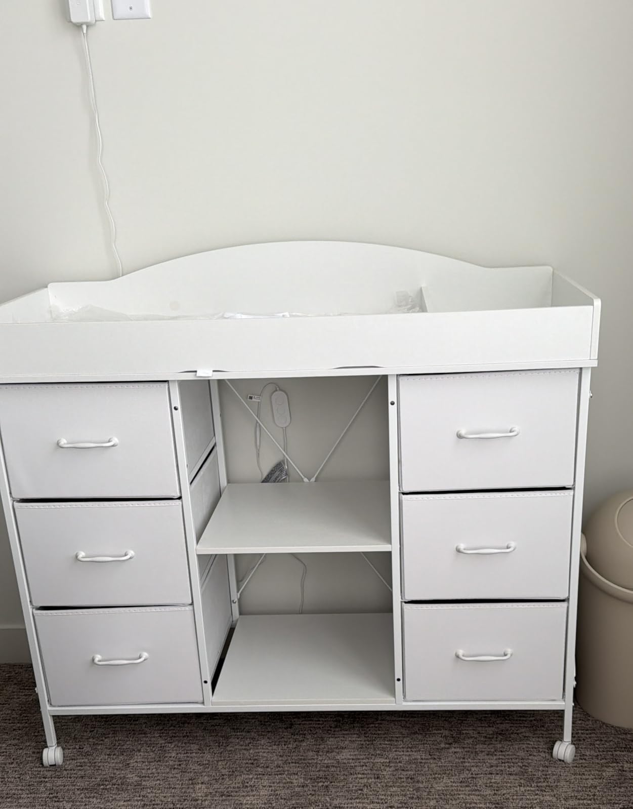 Yetom Changing Table, 6-Drawer Baby Dresser with Changing Table top, Waterproof Diaper Changing Station & Pad, 2 Height-Adjustable Open Storage Shelves, Mobile Nursery Organizer, White customer photo 2