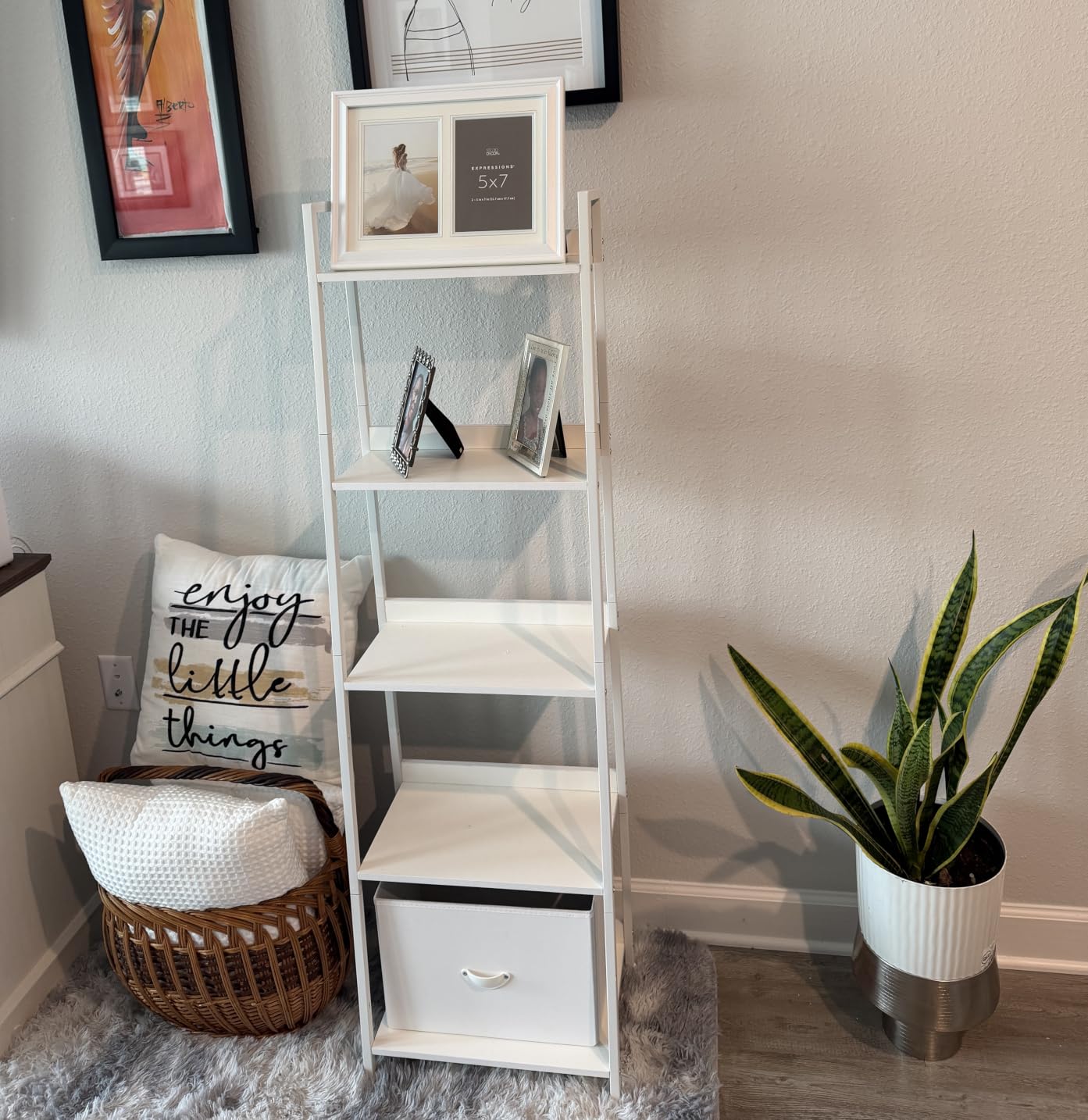 Furologee 6 Tier Ladder Shelf, Ladder Bookshelf with Drawer, Industrial Tall Bookcase, Storage Rack Organizer, Wood Metal Freestanding Shelves for Living Room, Home Office, Bedroom, Black Oak customer photo 1