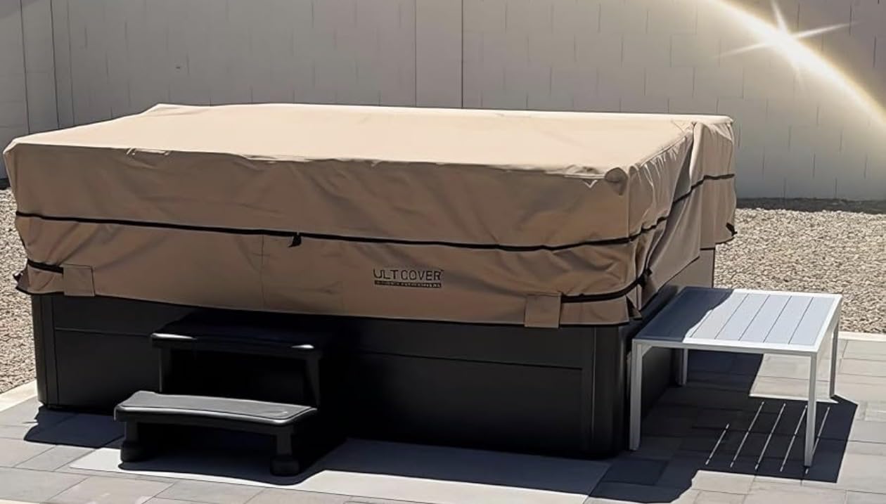 QH.HOME 85x85 Square Hot Tub Cover, 1000D IP65 Waterproof | Fits 84x84, 83x83, 82x82 and 7 ft x 7 ft hot tubs. UV and fade resistant; ratchet straps help keep it secure in wind. Wheat. customer photo 1