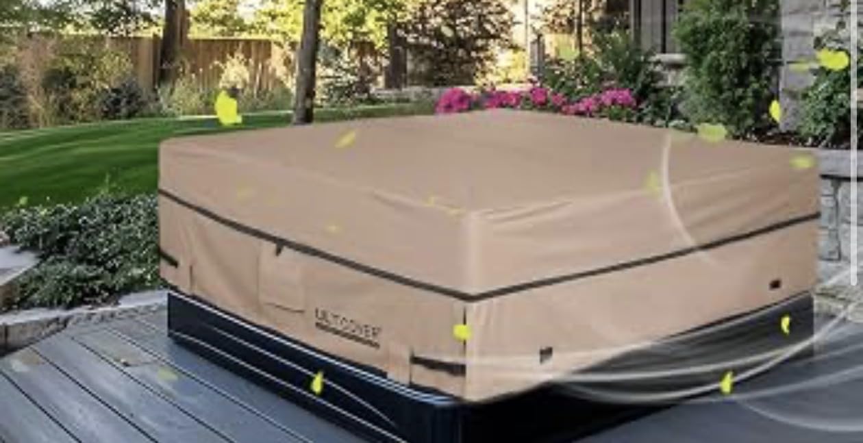 QH.HOME 85x85 Square Hot Tub Cover, 1000D IP65 Waterproof | Fits 84x84, 83x83, 82x82 and 7 ft x 7 ft hot tubs. UV and fade resistant; ratchet straps help keep it secure in wind. Wheat. customer photo 2