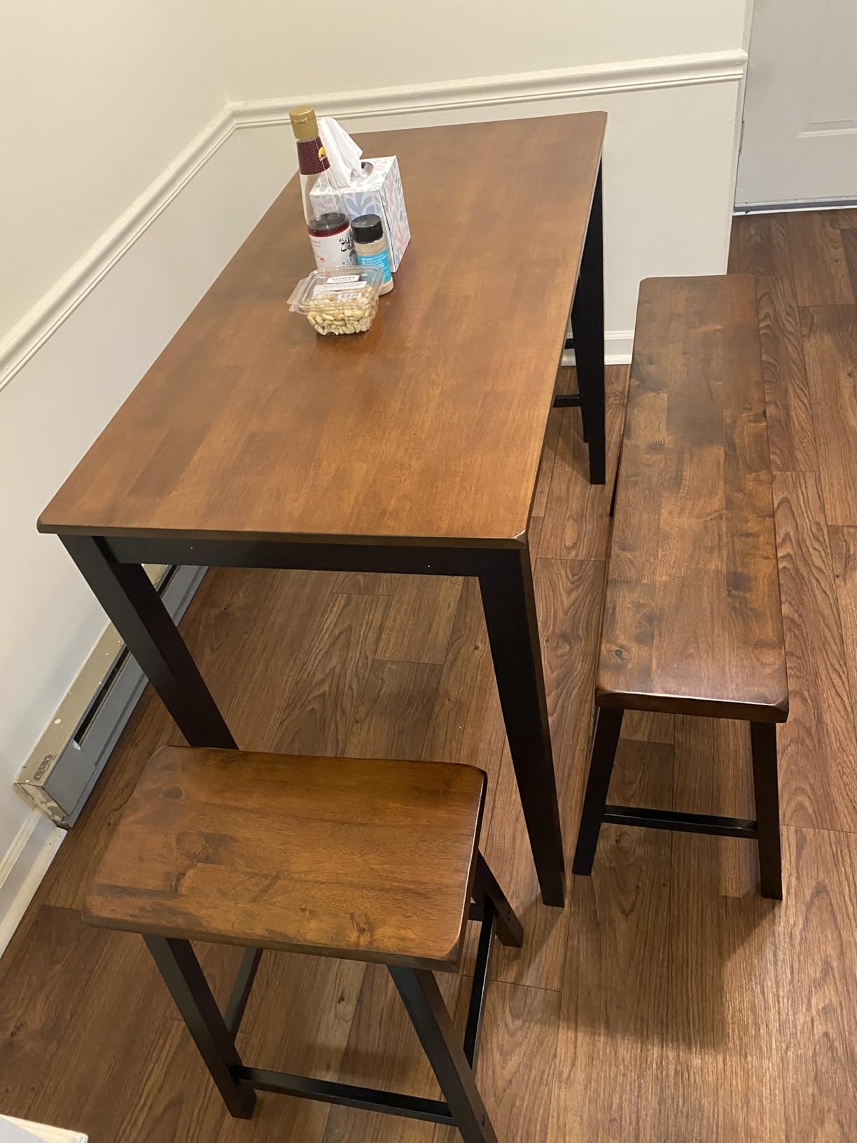 PHI VILLA Dining Table Set for 4, Kitchen Table Set with Bench and Chairs, Solid Wood Counter Height Bar Table and Chairs, Small Breakfast Table Set, Walnut with Black customer photo 2