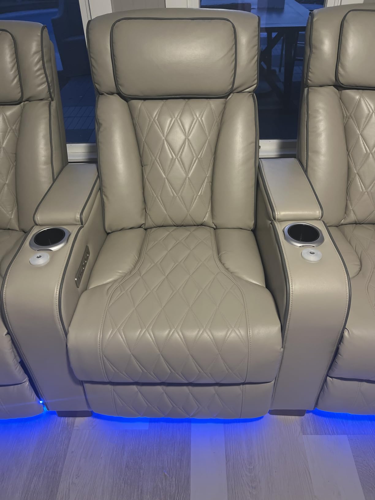 Luxury Home Theater Seating - Power Recliner with Adjustable Headrests, Blue LED Ambient Lighting, Tray Table, USB & Type-C Charging (Grey, 3 Seat) customer photo 1