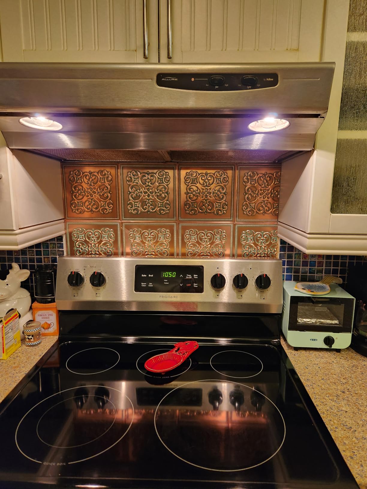 Peel and Stick Metal Backsplash Tiles, Rustic Farmhouse, 10-Pack | 8 x 8 in tile size; Covers up to 4.44 sq ft; Aluminum; Water-resistant surface; For kitchens, ceilings, DIY projects customer photo 1