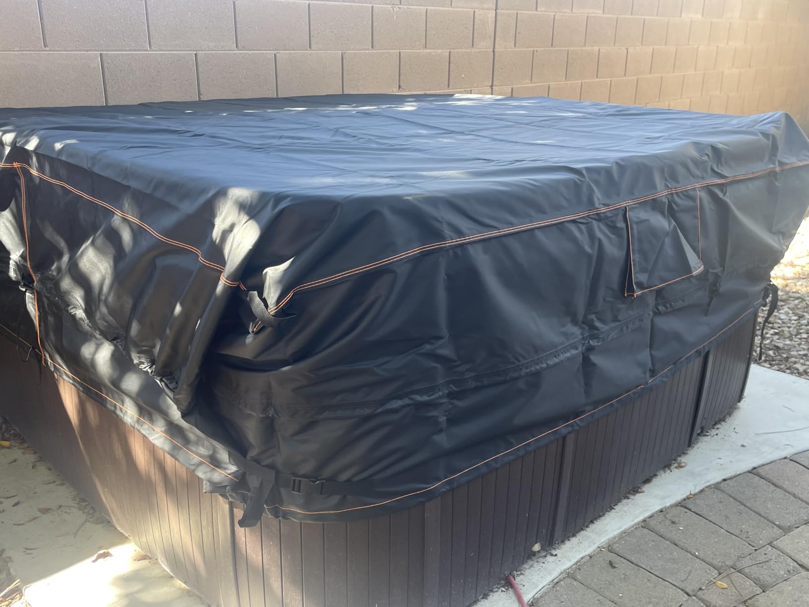 Hot Tub Cover, Heavy Duty Oxford Fabric & Waterproof Square SPA Lid Protector Cover with 4 Sides Windproof Drawstrings & 4 Straps (Black, 90