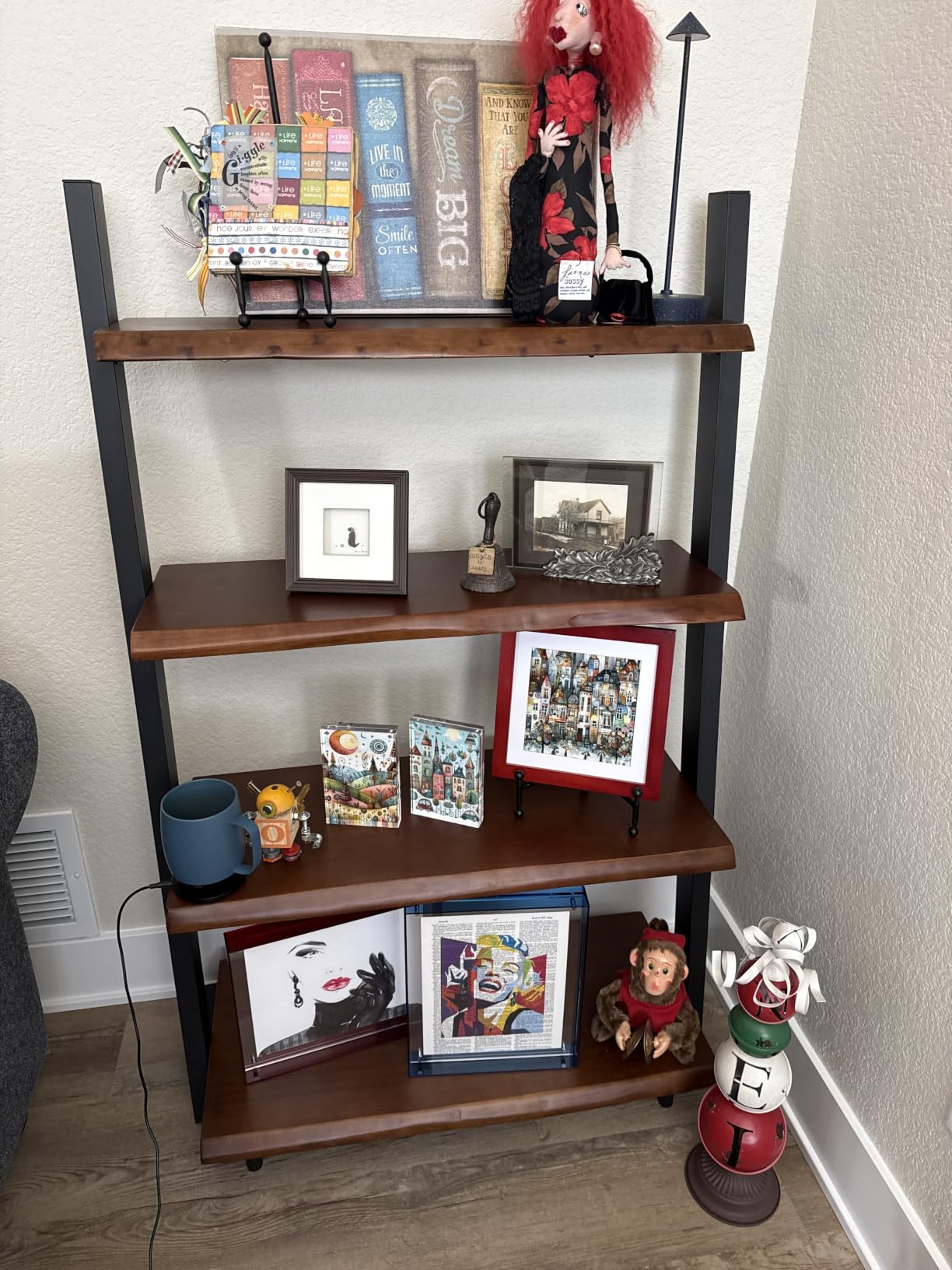 5-Tier Solid Wood Ladder Bookshelf with Natural Live Edge | Rustic Walnut Storage & Display Leaning Bookcase, Modern Space-Saving Shelf for Living Room, Bedroom, Home Office customer photo 1