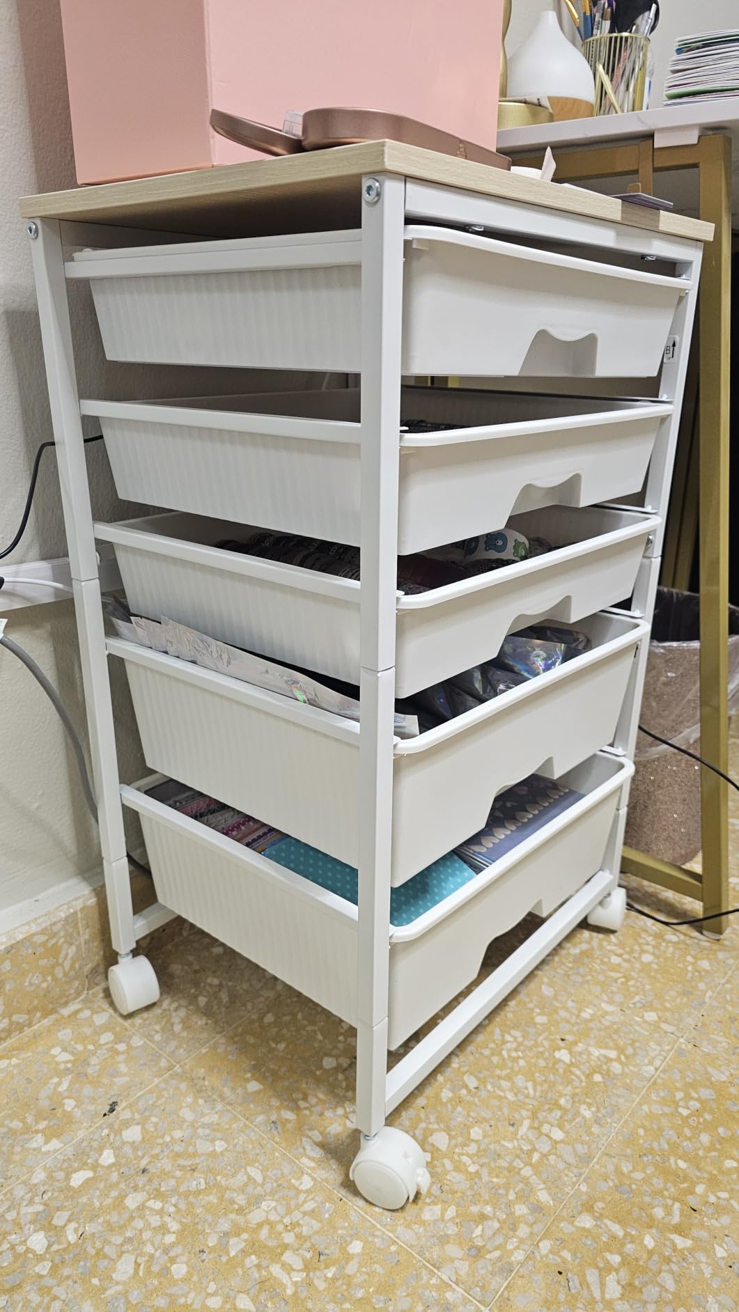 Goovilla Rolling Cart with 5 Drawers for Craft, Art, Dorm, Office, White, 5 Removable Drawers and Wooden Tabletop customer photo 1