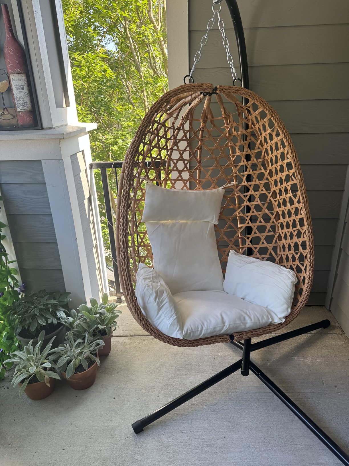 EortheX Hanging Swing Egg Chair with Stand, 350LBS Capacity, Cream | HDPE rattan, Sturdy steel stand, Plush cushion, Easy assembly, Indoor/outdoor use for patio/garden/balcony customer photo 1