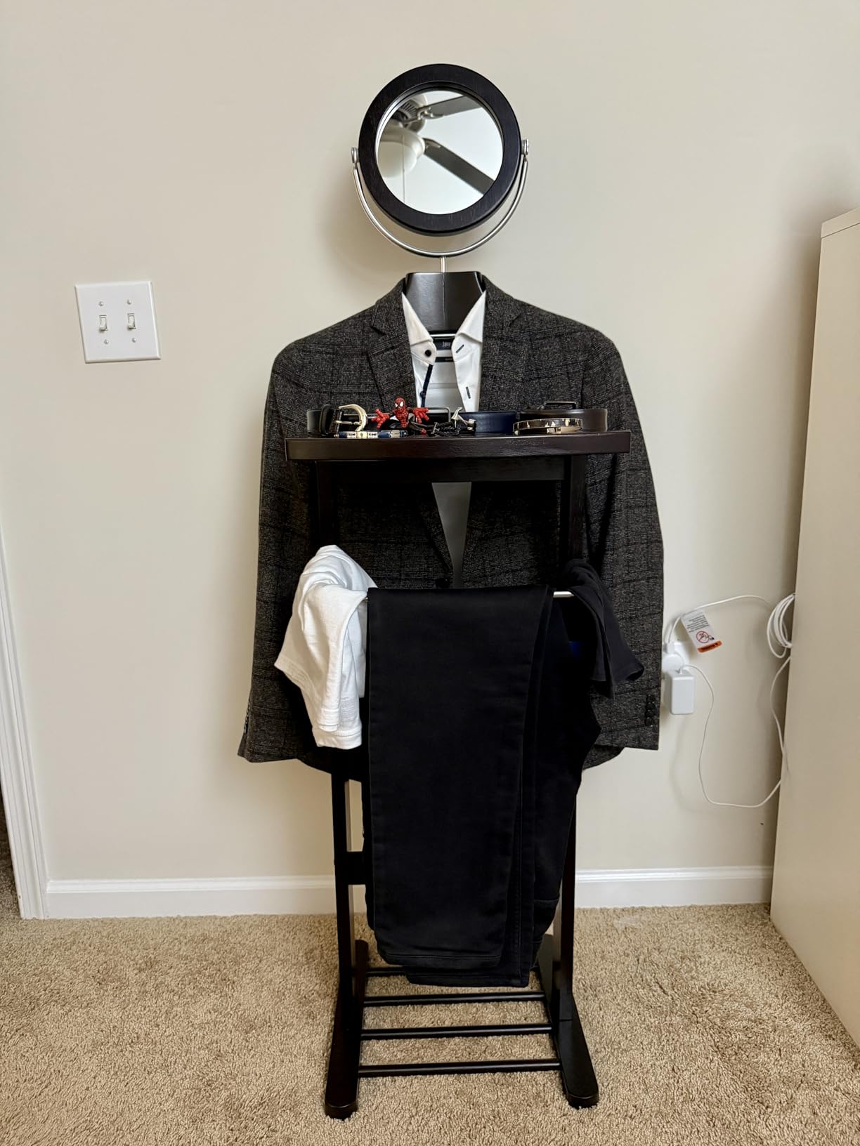 Winsome Trading, Inc. Carson Valet Stand, Brown | Classic Clothing Display Rack for Men & Women, Hanging Organizer for Clothes with Mirror & Accessories Stand customer photo 2