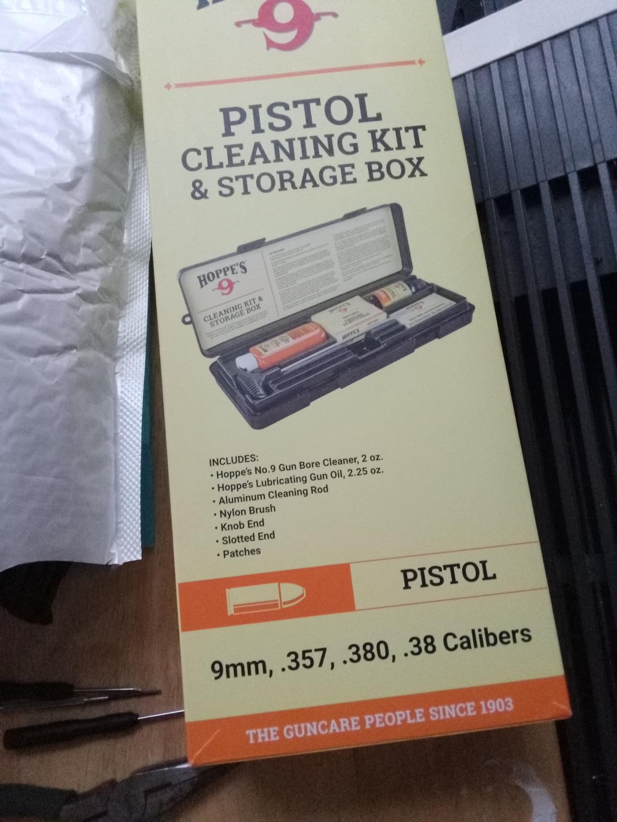 Hoppe's No. 9 Cleaning Kit with Aluminum Rod, .38/.357, 9mm, Box | Includes 2 oz. cleaning solvent and 2.25 oz. lubricating oil, brush for this caliber, packaged in a plastic box customer photo 1