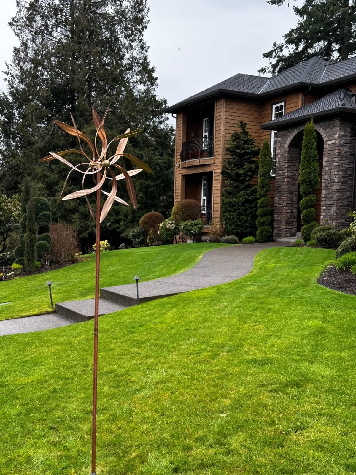 Kinetic Copper Wind Sculpture, Dual Spinner Dancing Willow Leaves customer photo 1