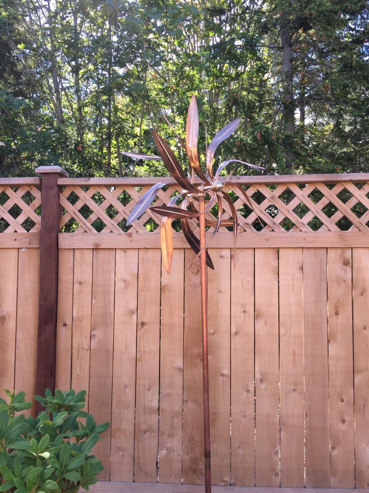 Kinetic Copper Wind Sculpture, Dual Spinner Dancing Willow Leaves customer photo 2