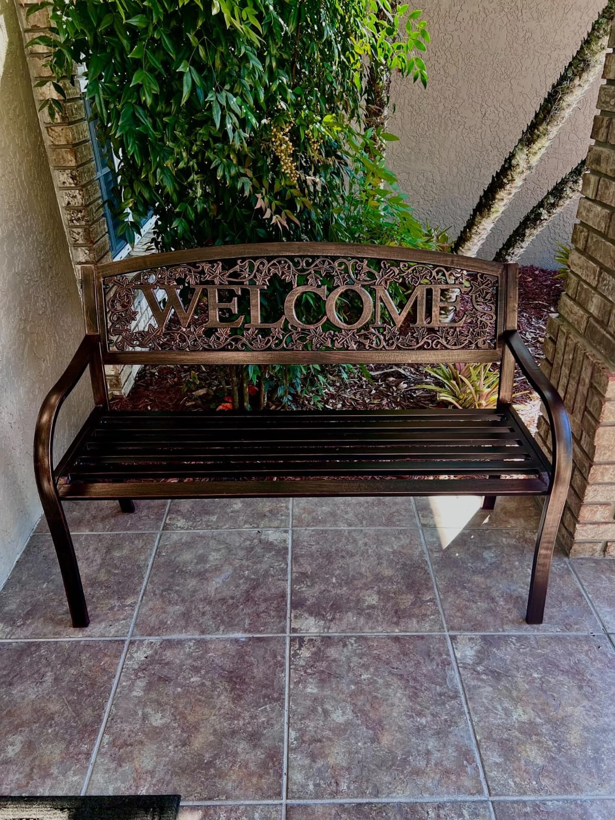 Leigh Country Metal Outdoor Bench, Welcome Design, Decorative Patio Seating for Porch/Deck customer photo 1