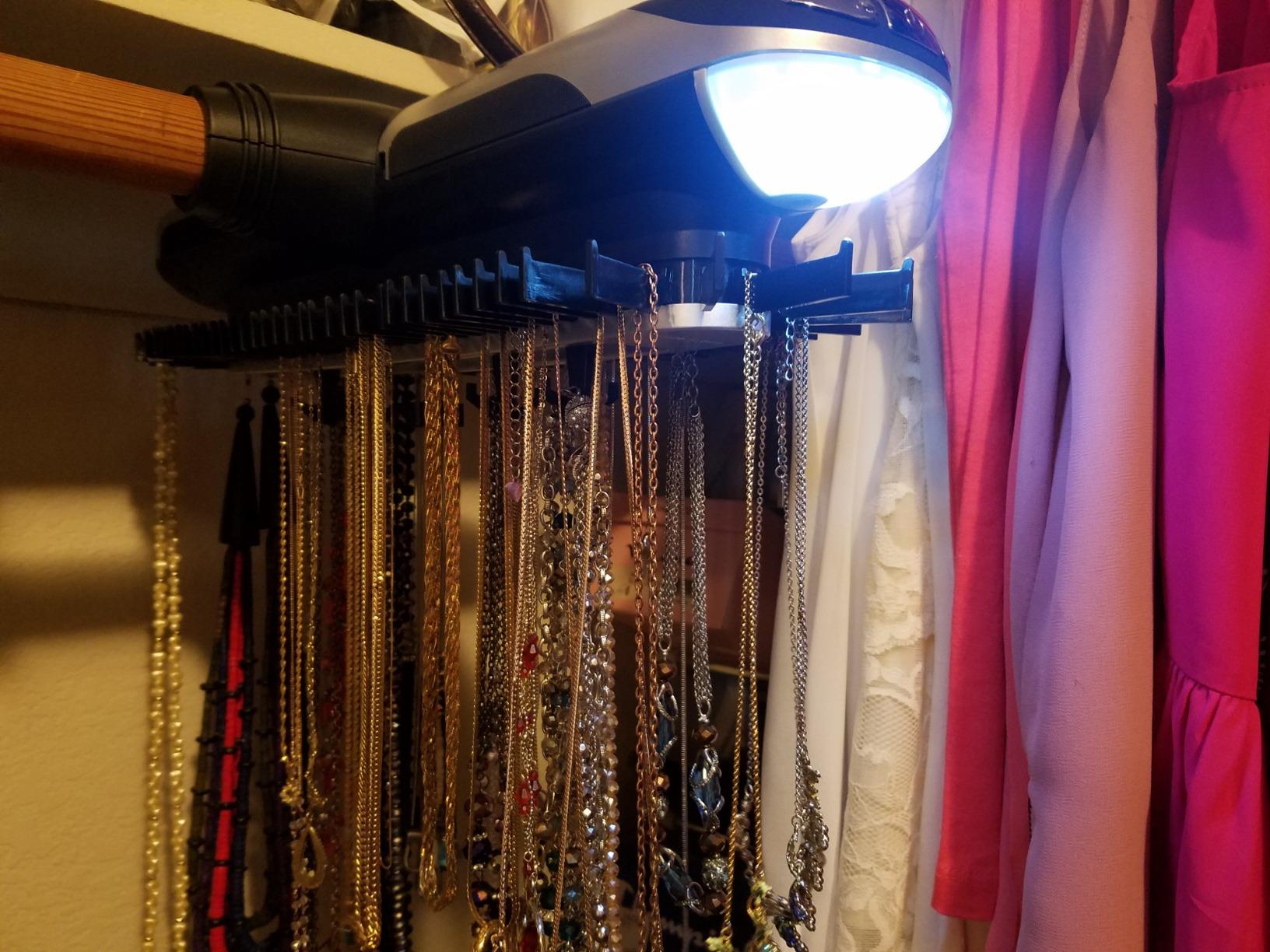 Motorized Tie Rack Closet Organizer with LED Lights Includes J Hooks for Wired Shelving Or Rod Stores Up to 72 Ties & 8 Belts Automatic Rotation Operates with Batteries customer photo 1