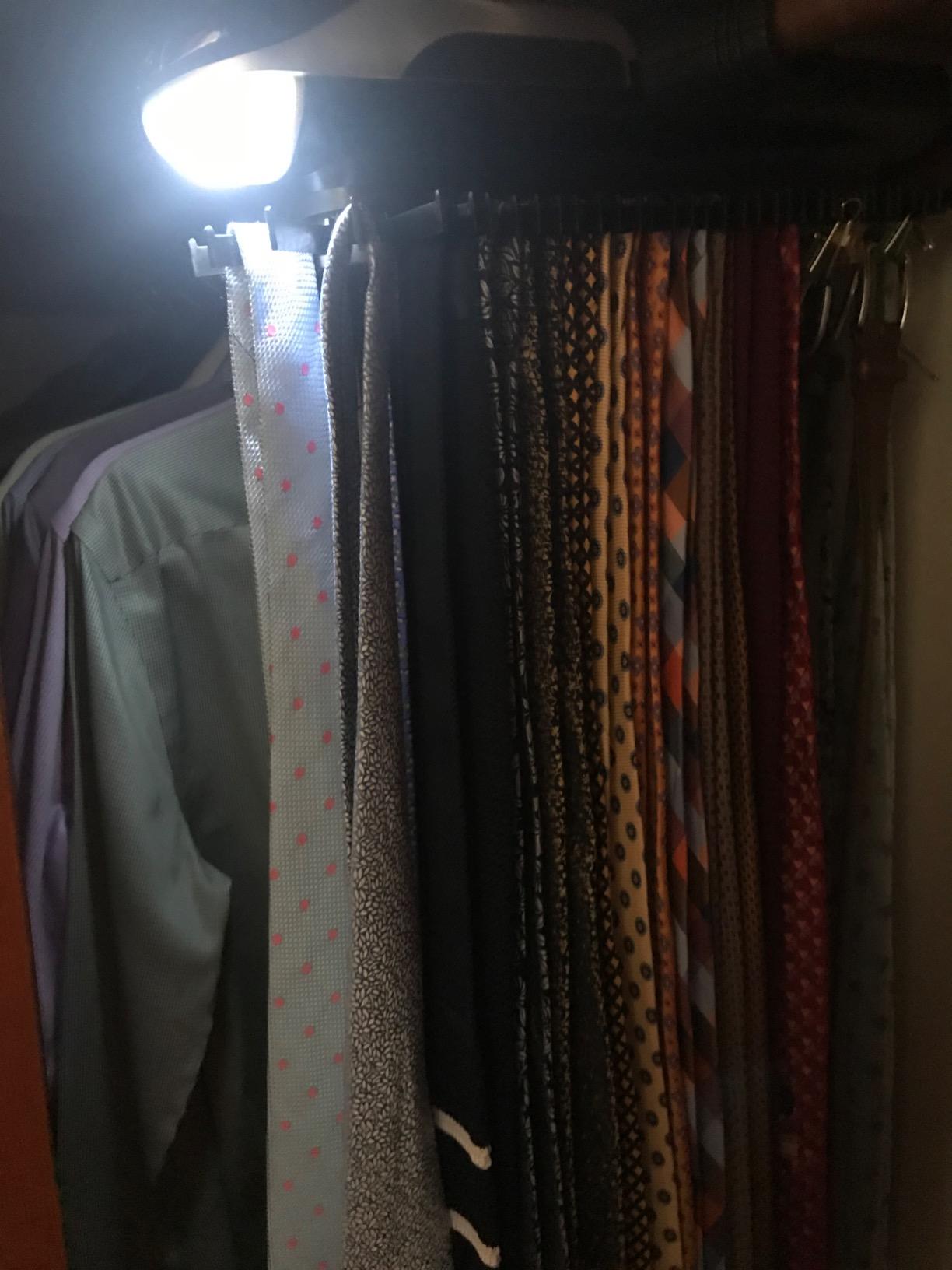 Motorized Tie Rack Closet Organizer with LED Lights Includes J Hooks for Wired Shelving Or Rod Stores Up to 72 Ties & 8 Belts Automatic Rotation Operates with Batteries customer photo 2