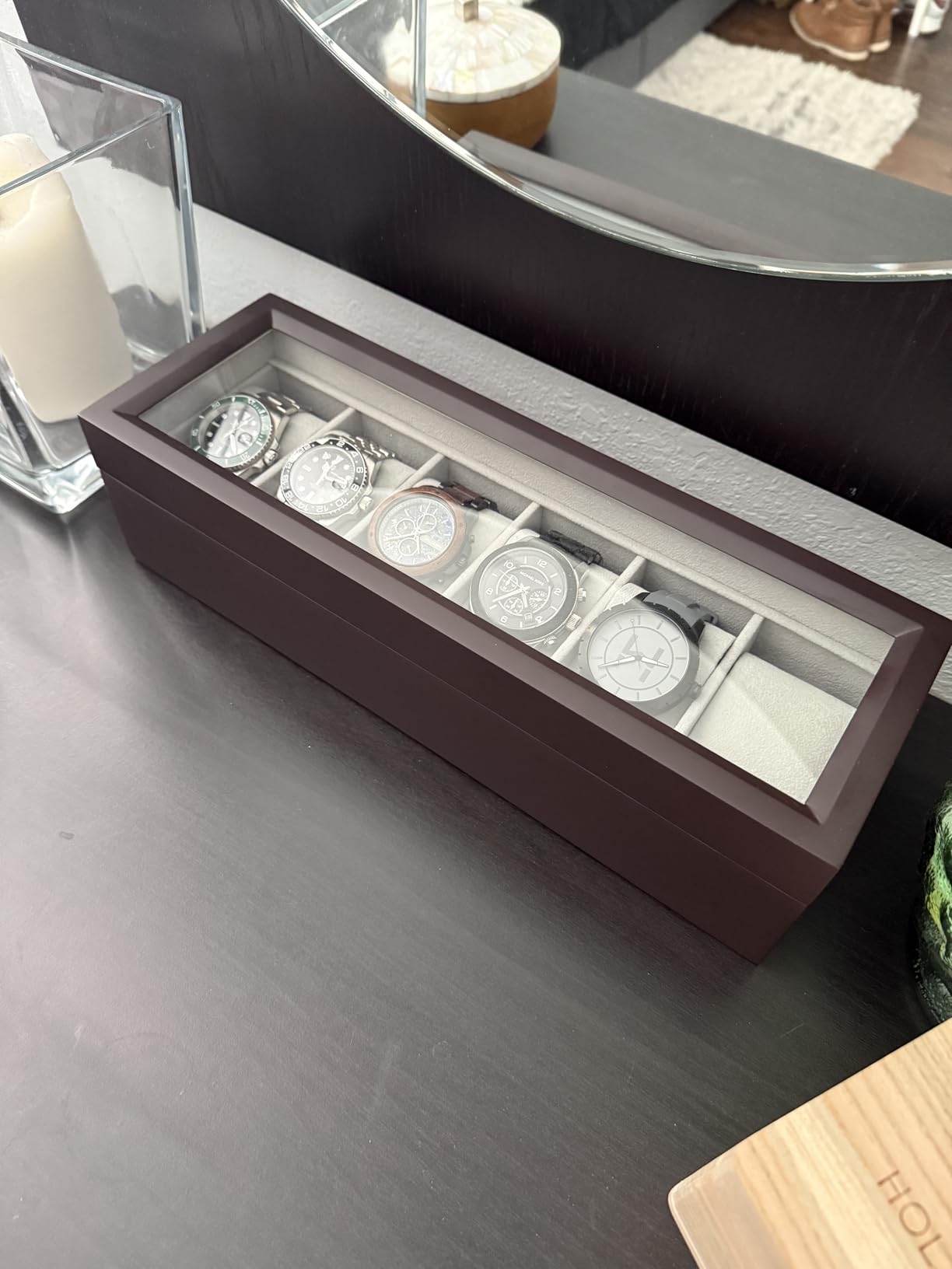 CASE ELEGANCE 6-Slot Wood Watch Box with Glass Top - Espresso | Watch Case, solid wood, magnetic closure, pillow stands customer photo 1